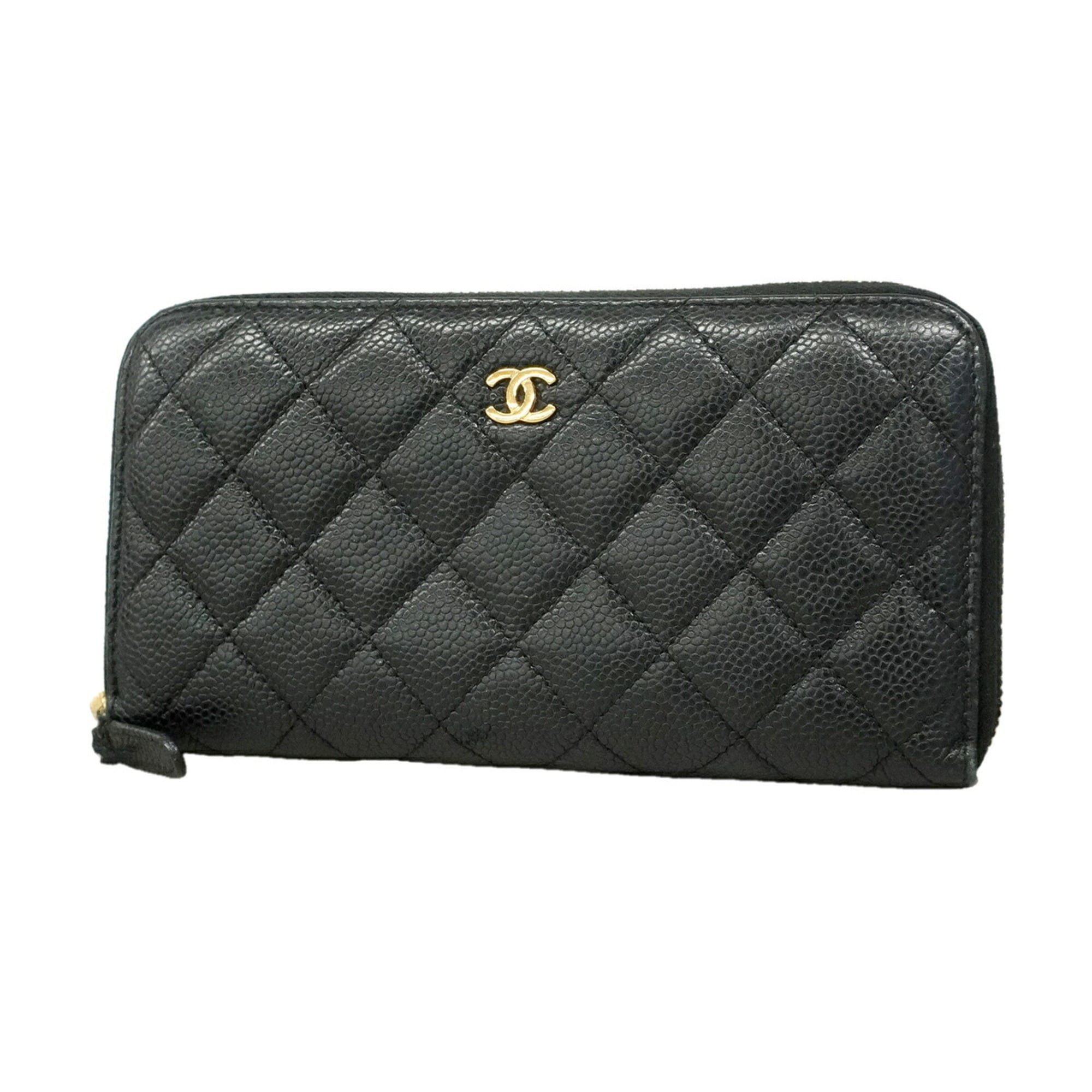 Chanel Black Grained Calfskin Long Wallet (Bi-Fold) (Pre-Owned)