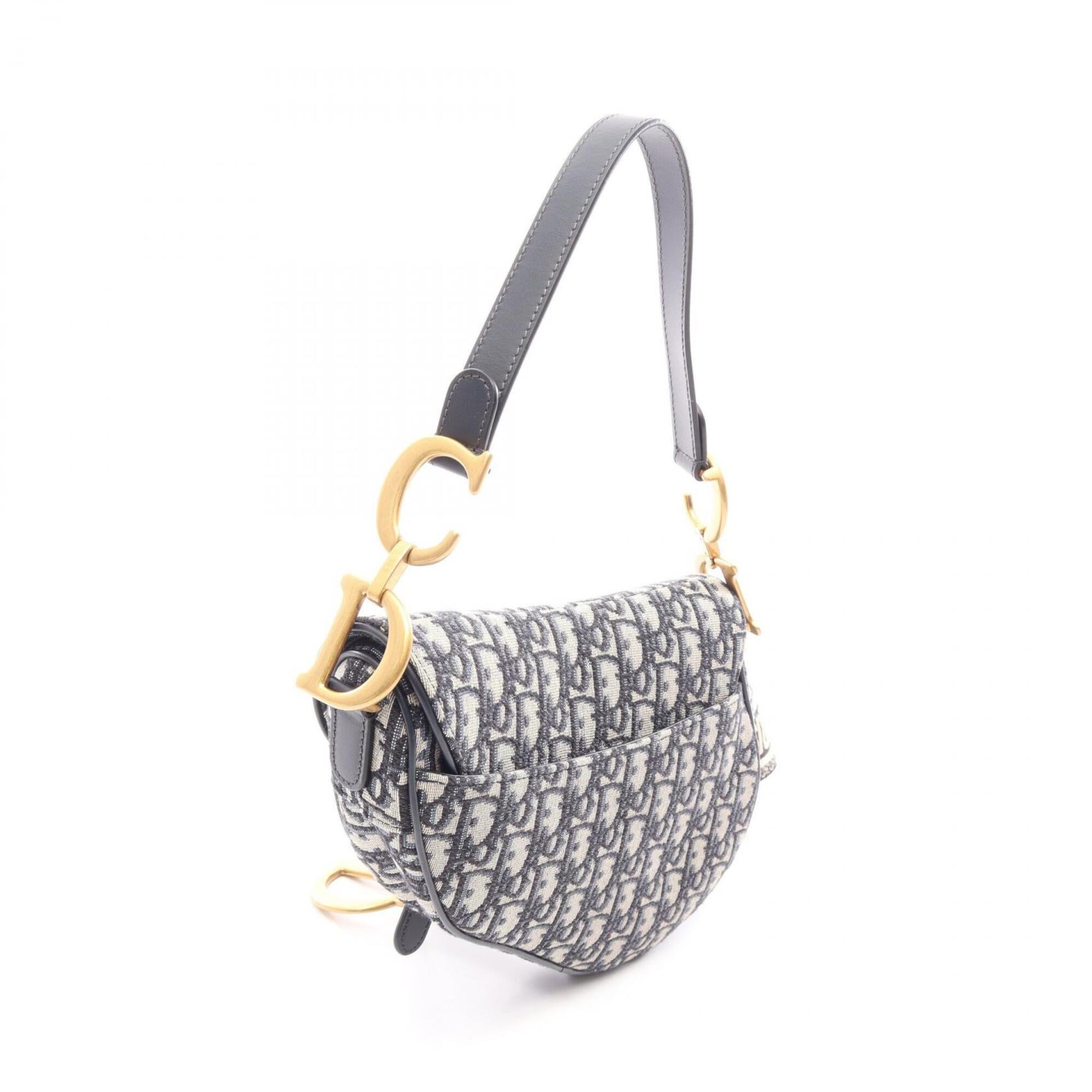 Christian Dior Beige Navy Canvas Leather Saddle Bag (Pre-Owned)