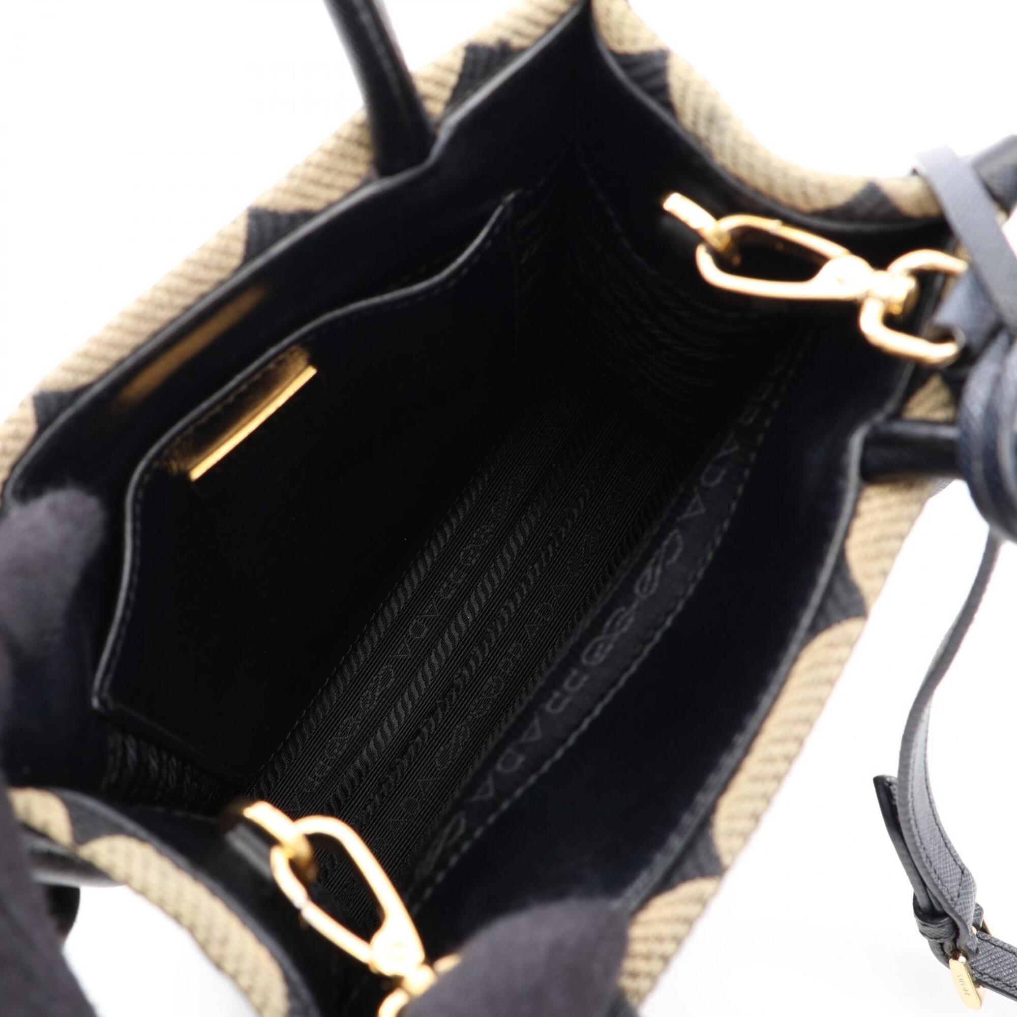 Prada Beige Black Canvas Saffiano Triangle Handbag (Pre-Owned)