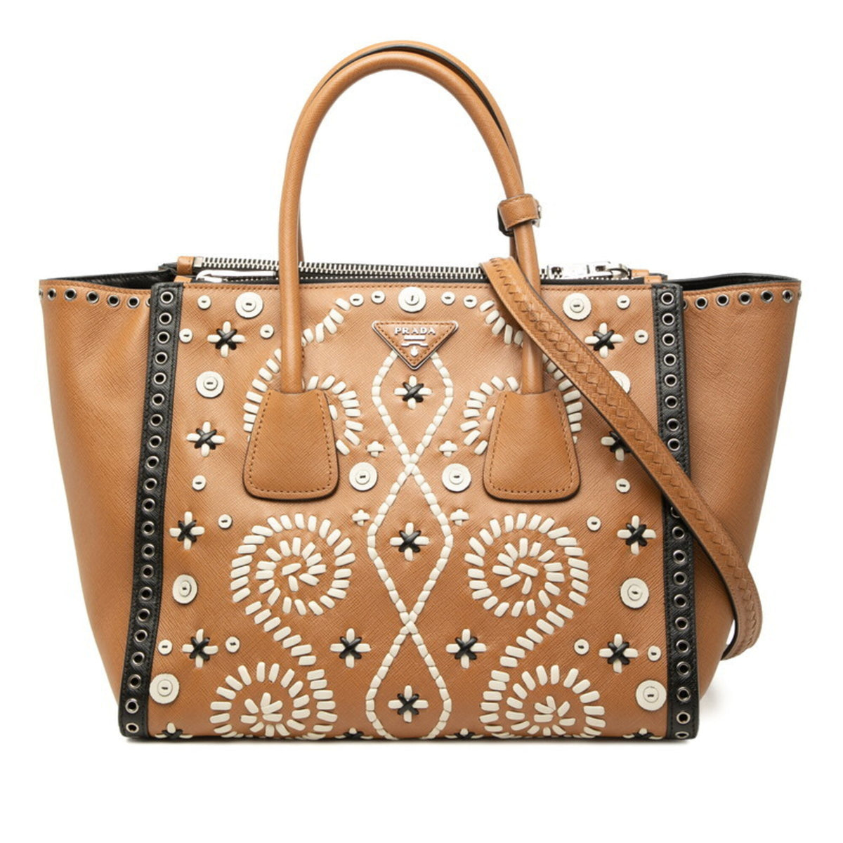 Prada Brown White Saffiano Leather Handbag Shoulder Bag (Pre-Owned)