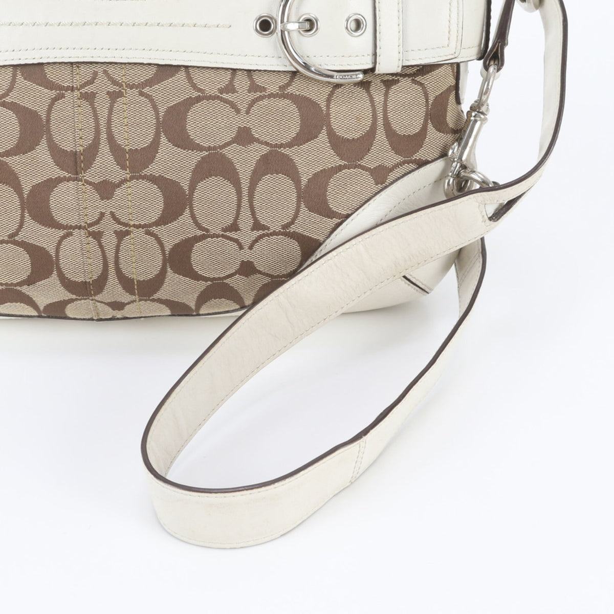 Coach Beige White Leather Canvas Handbag Shoulder Bag Tote Bag (Pre-Owned)