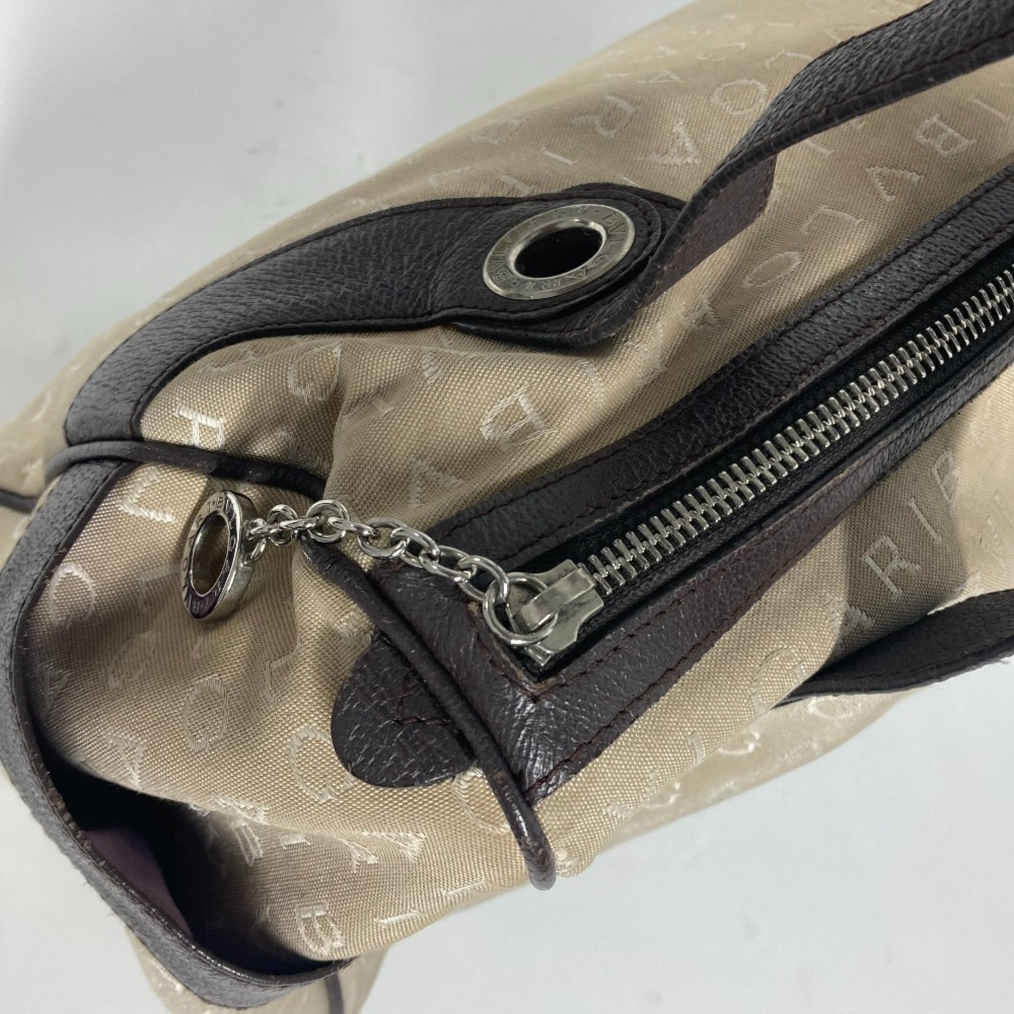 Bvlgari Beige Dark Brown Leather Canvas Boston Bag Shoulder Bag (Pre-Owned)