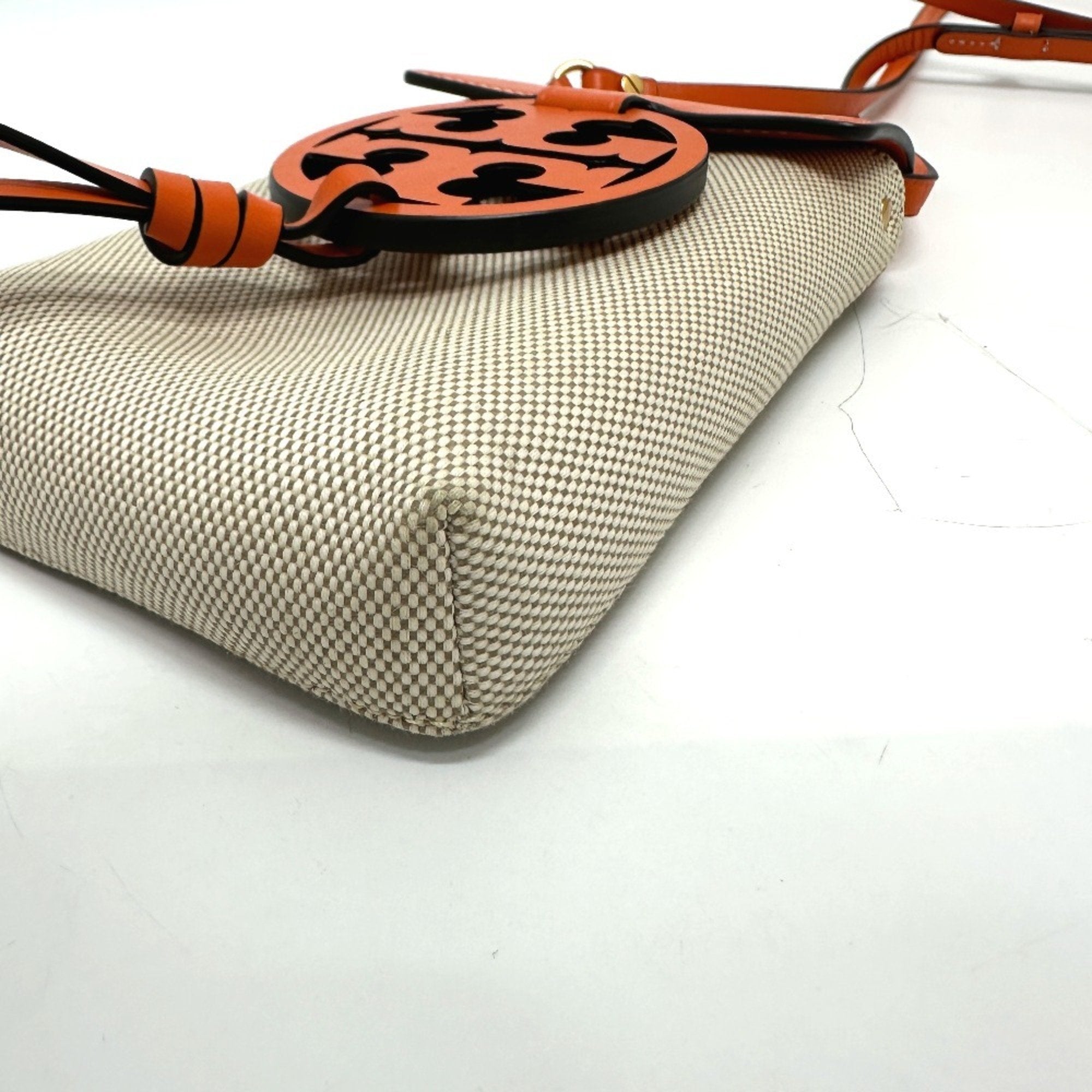 Tory Burch Beige Orange Canvas Leather Pochette Shoulder Bag (Pre-Owned)