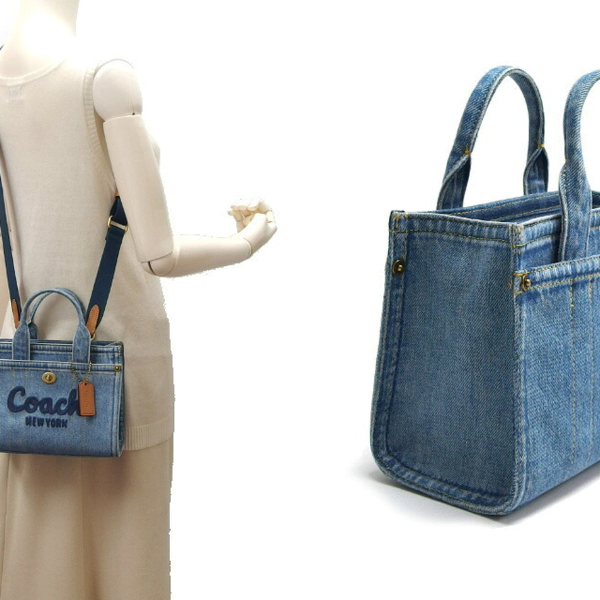 Coach Blue Brown Denim Leather Fabric Tote Bag (Pre-Owned)