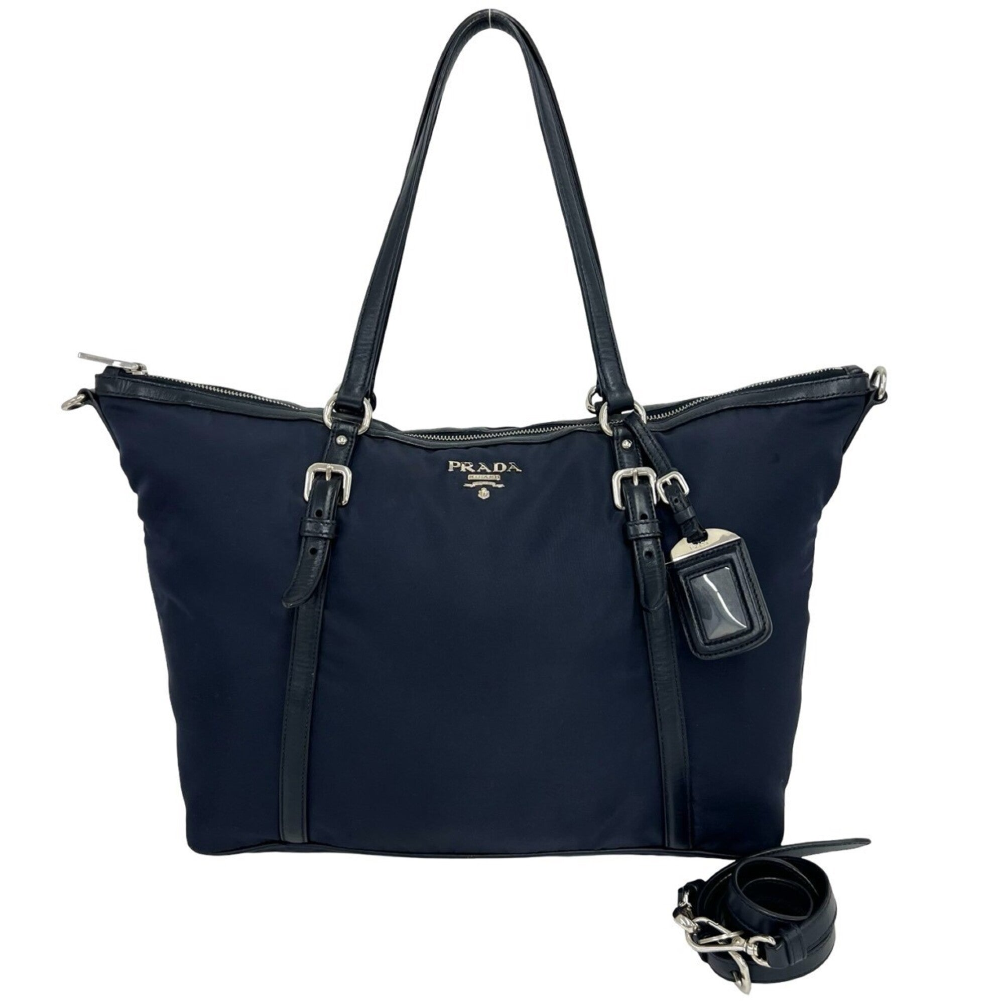 Prada Black Navy Nylon Leather Boston Bag Shoulder Bag Tote Bag (Pre-Owned)
