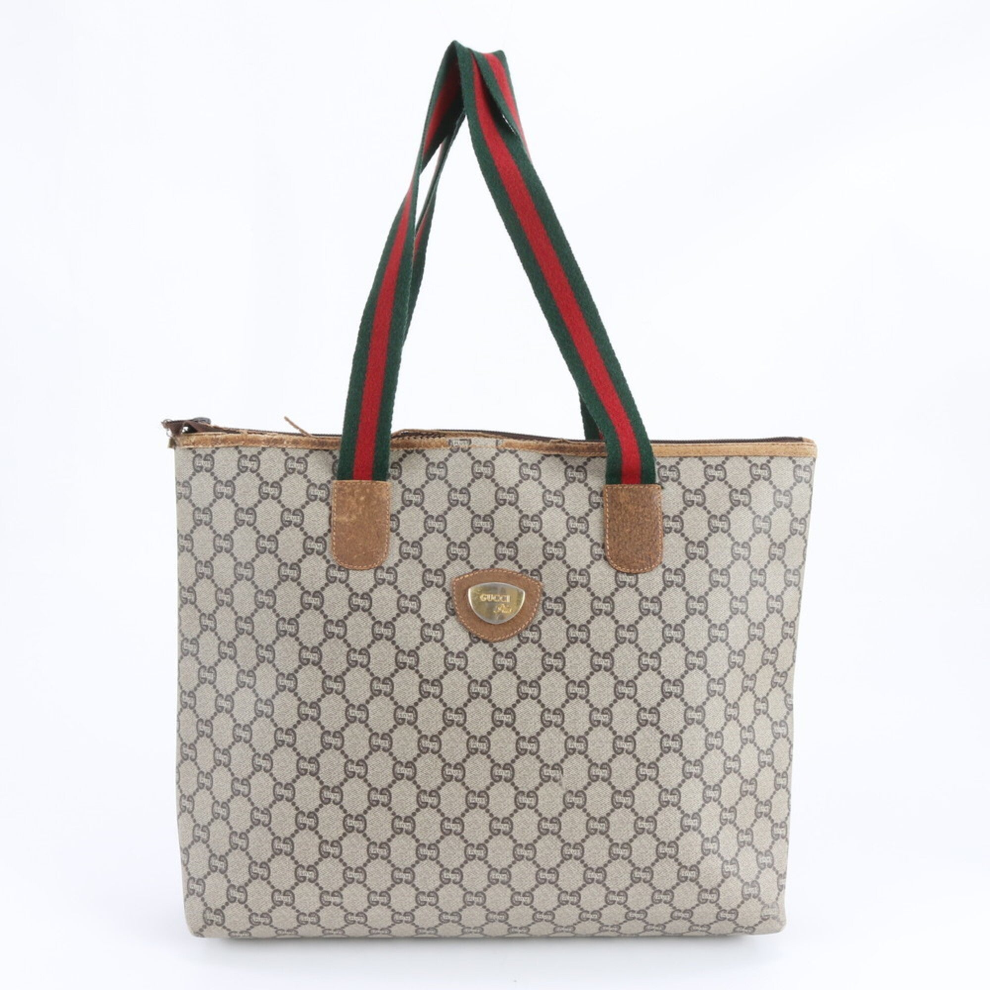 Gucci Sherry Line Beige Brown Leather Coated Canvas Handbag Tote Bag (Pre-Owned)