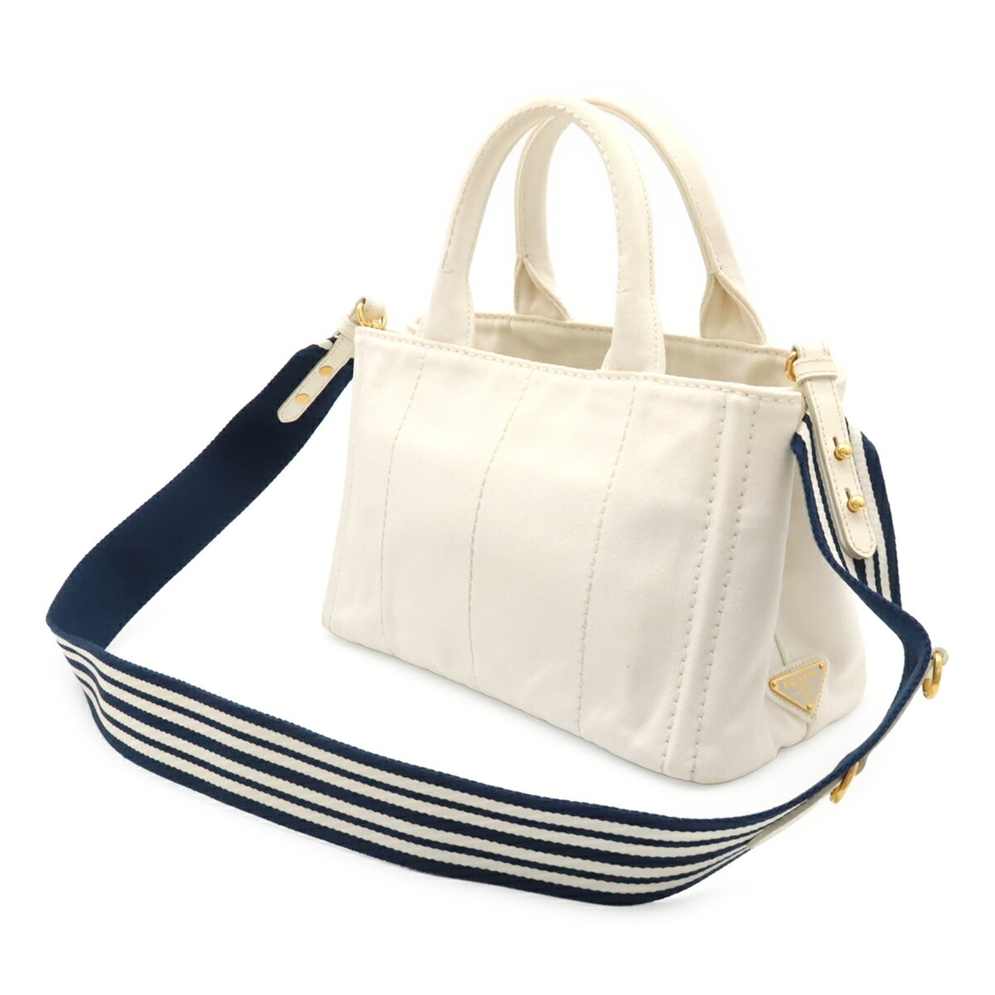 Prada Navy White Yellow Canvas Shoulder Bag Tote Bag (Pre-Owned)
