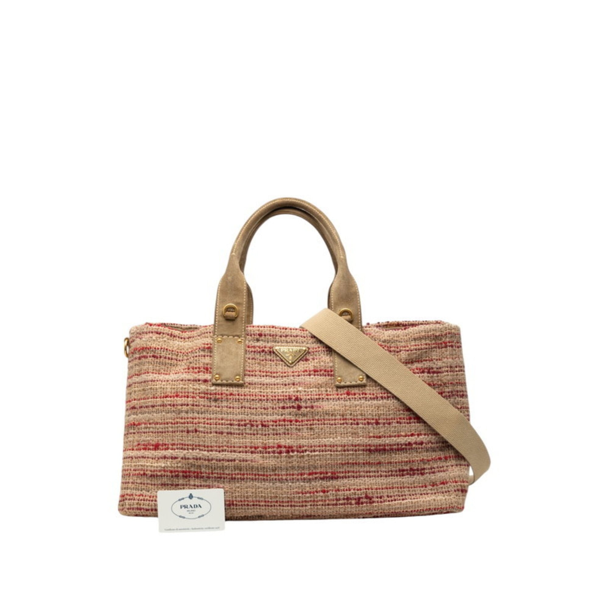 Prada Beige Multi-Color Red Color Tweed Suede Shoulder Bag Tote Bag (Pre-Owned)