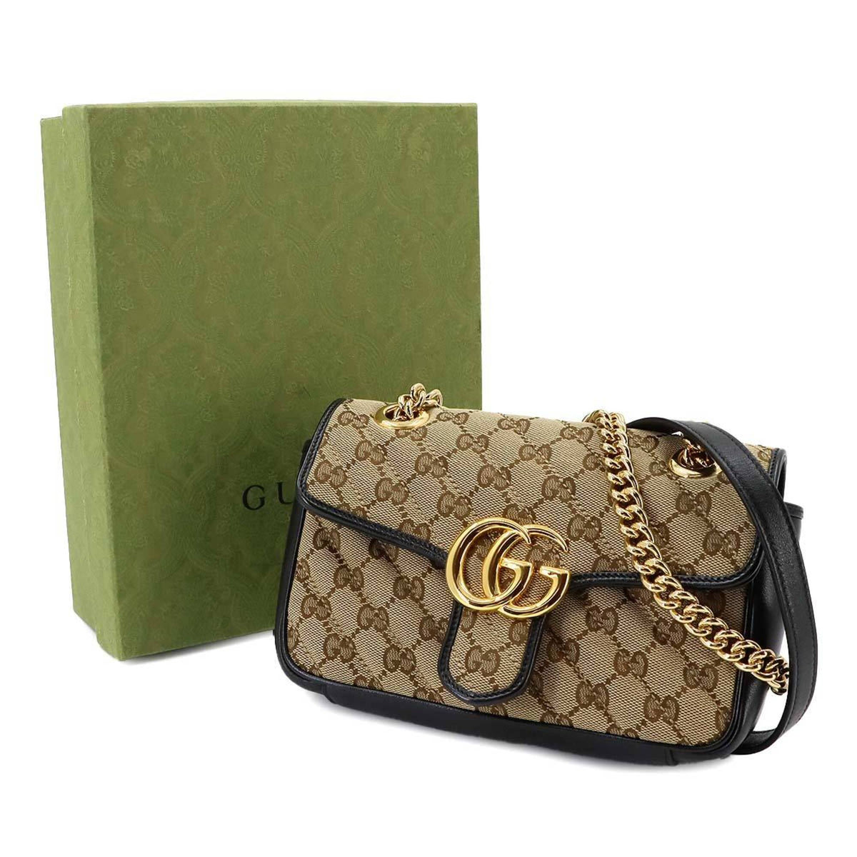 Gucci Gg Marmont Beige Black Gg Canvas Handbag Shoulder Bag (Pre-Owned)