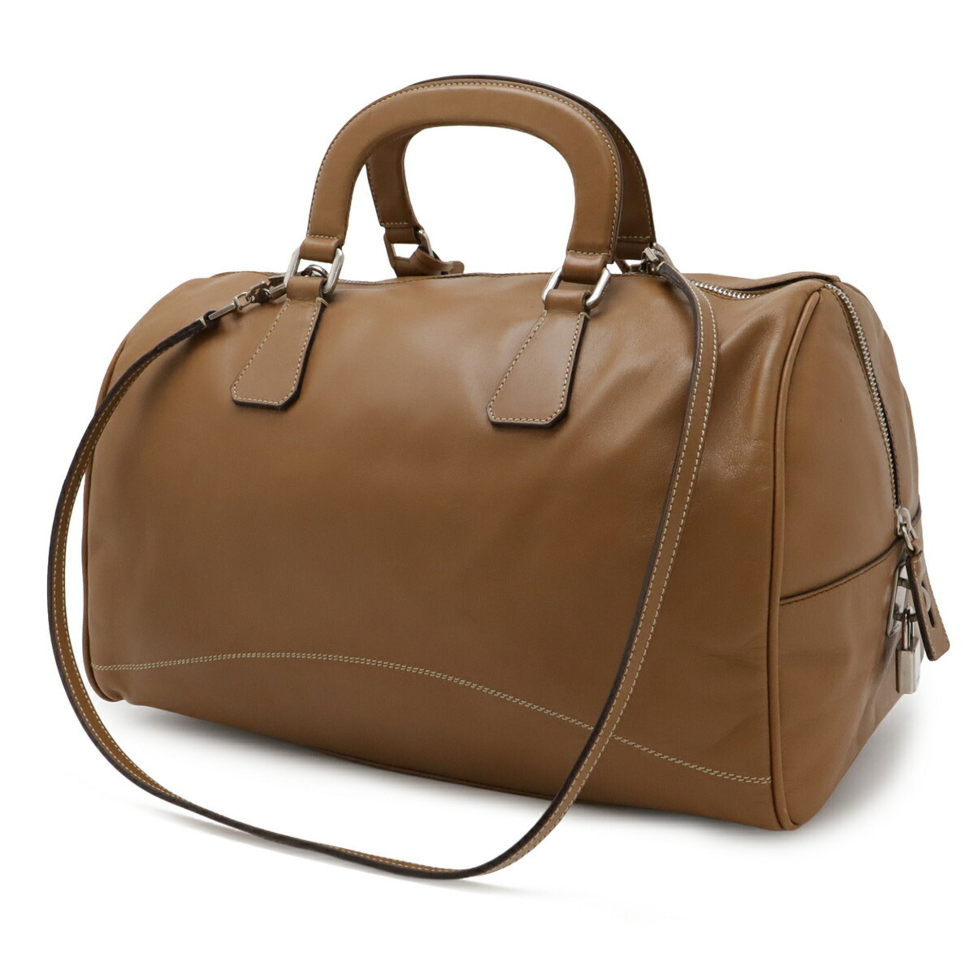 Prada Camel Leather Boston Bag Handbag Shoulder Bag (Pre-Owned)