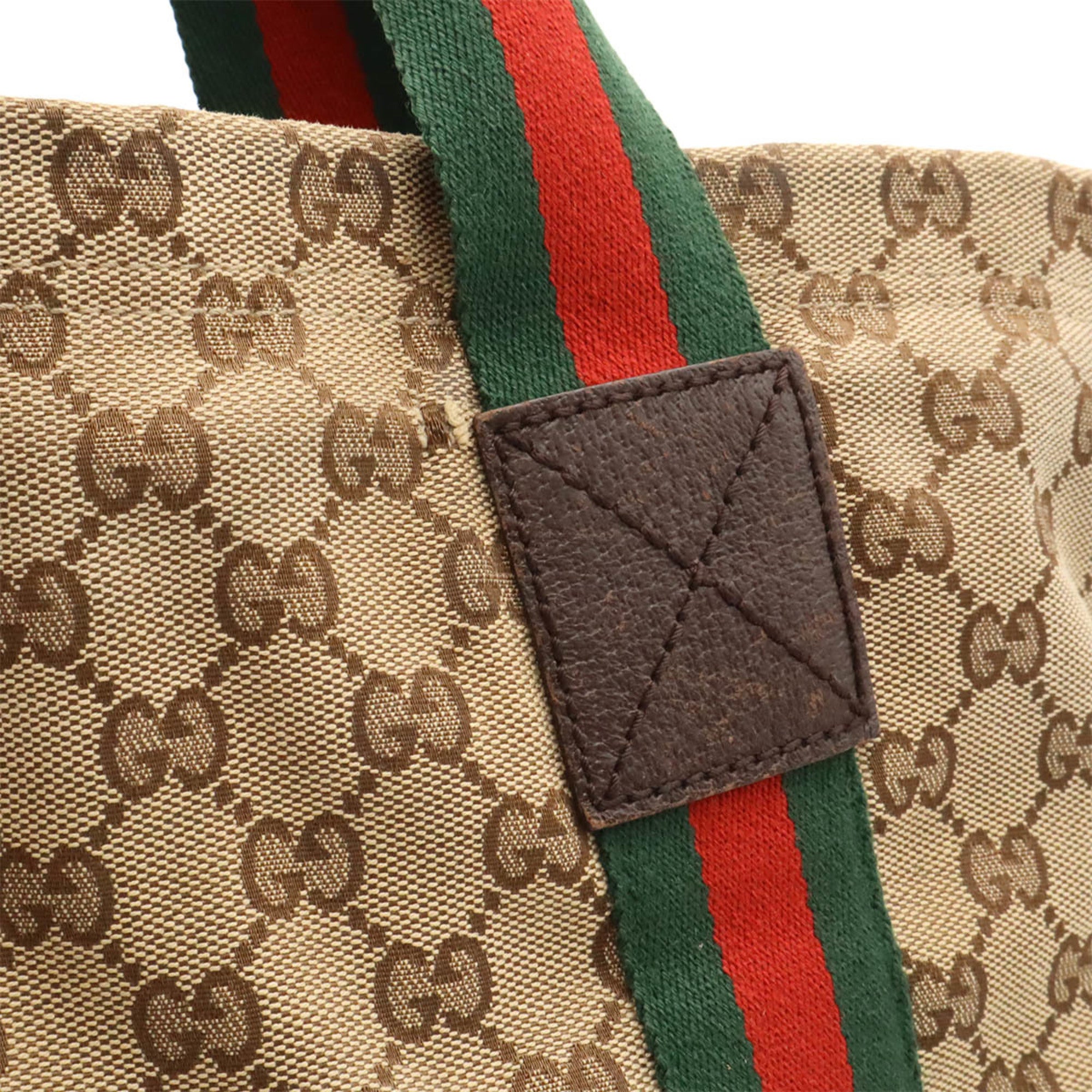 Gucci Beige Green Khaki Red Color Canvas Leather Shoulder Bag Tote Bag (Pre-Owned)