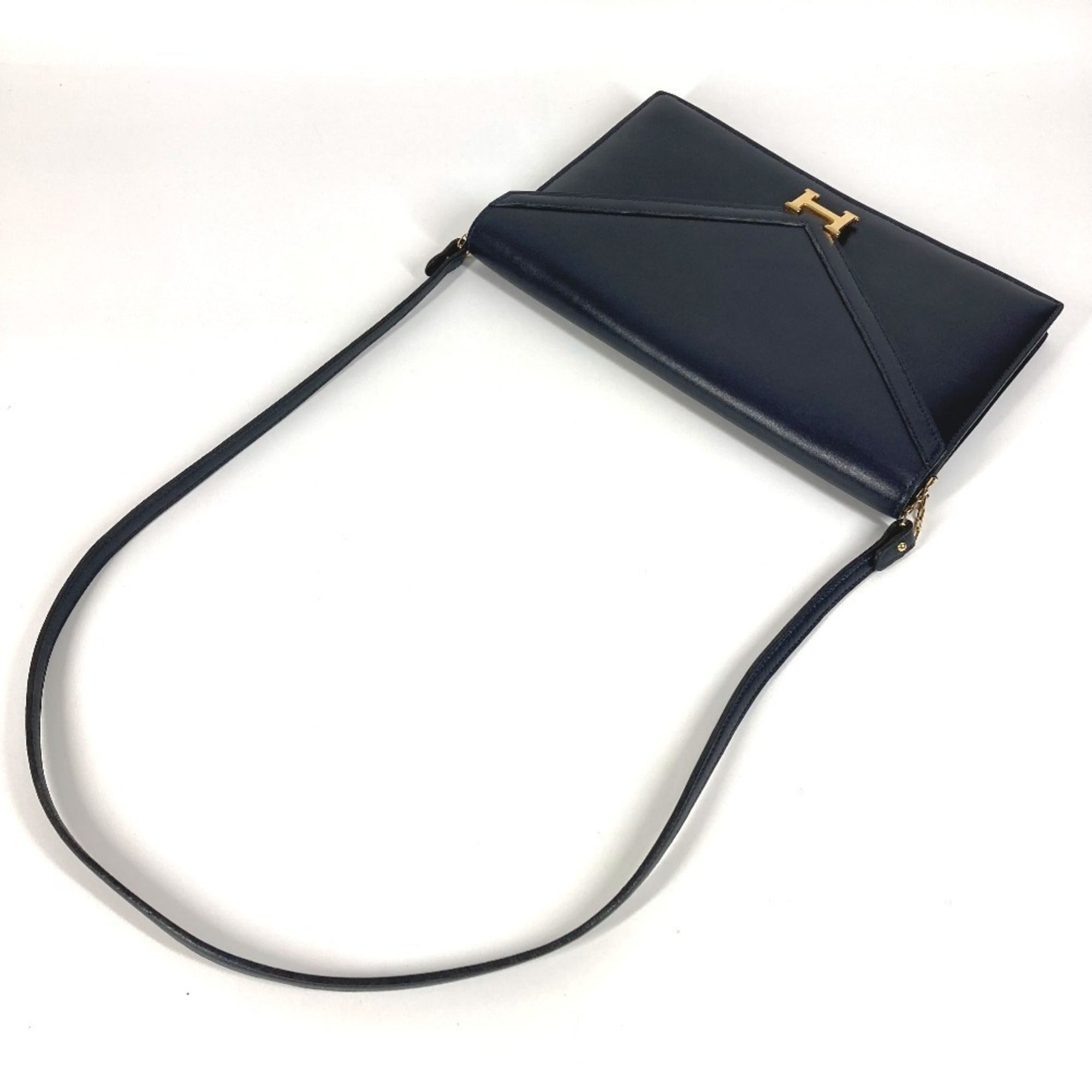 Hermes Navy Box Calf Leather Clutch Bag Shoulder Bag (Pre-Owned)