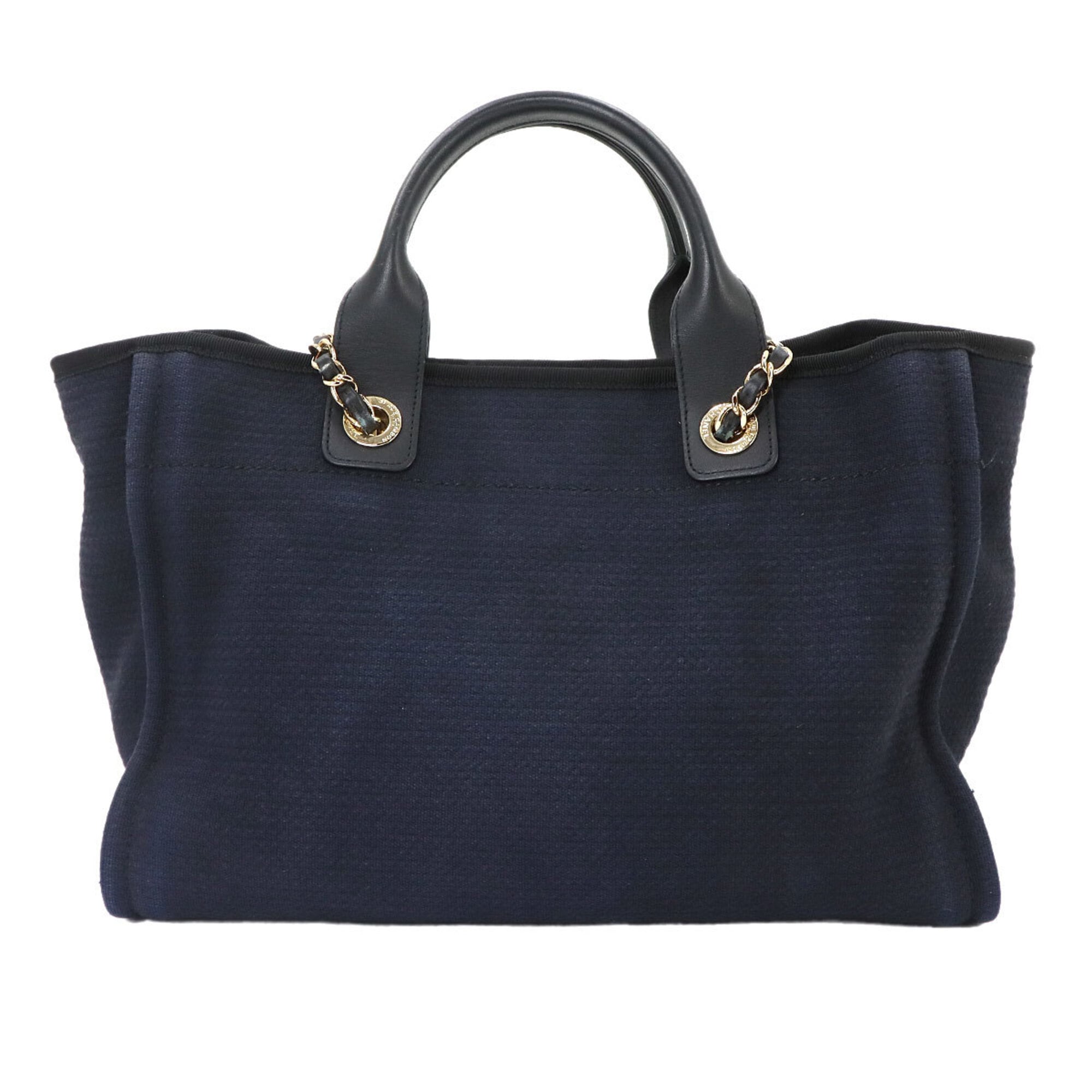 Chanel Navy Canvas Leather Handbag Shopping Bag Tote Bag (Pre-Owned)