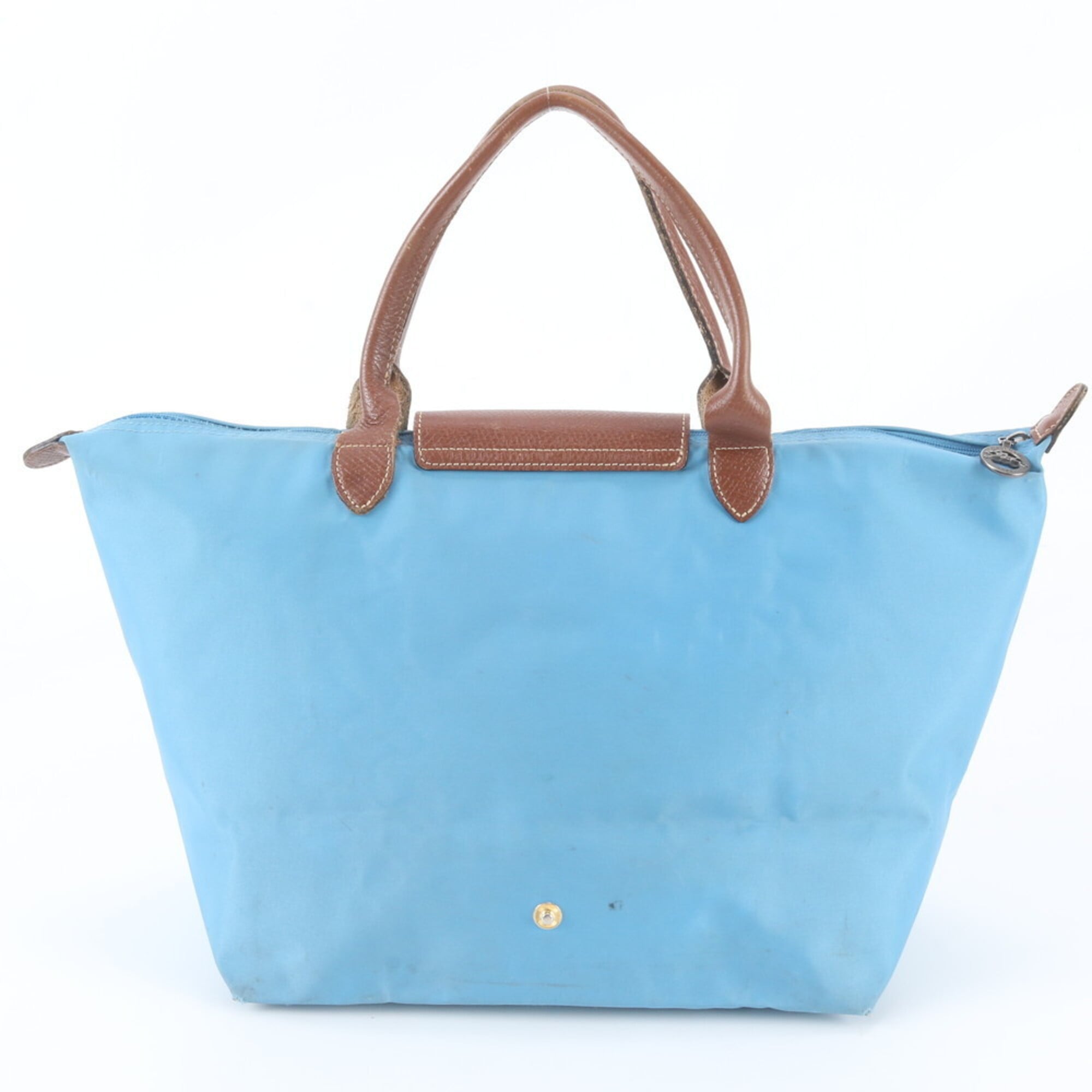 Longchamp Blue Brown Leather Nylon Handbag Shoulder Bag Tote Bag (Pre-Owned)