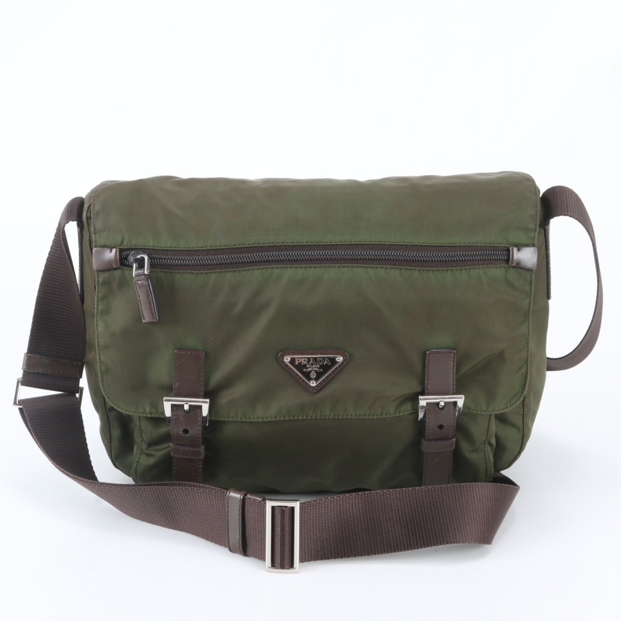 Prada Brown Green Khaki Nylon Leather Shoulder Bag (Pre-Owned)