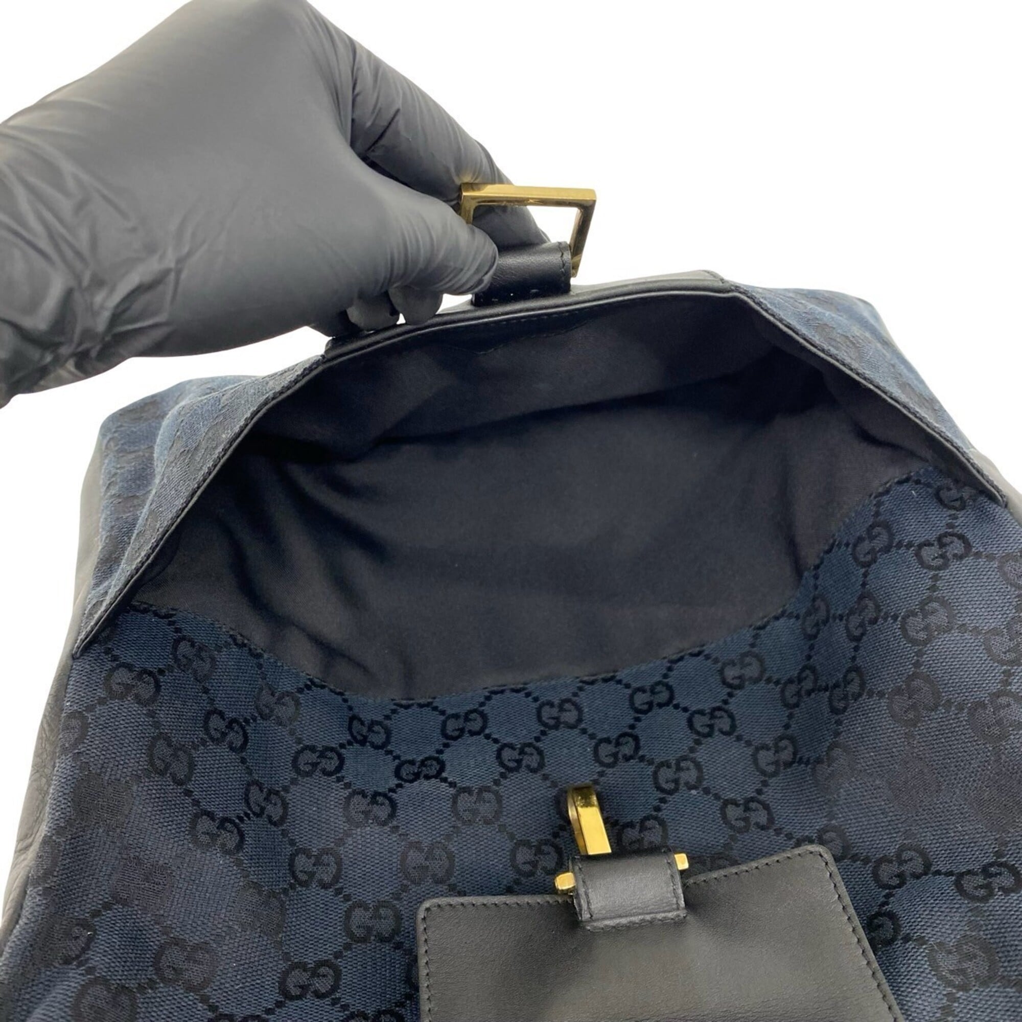 Gucci Black Navy Canvas Leather Shoulder Bag Tote Bag (Pre-Owned)