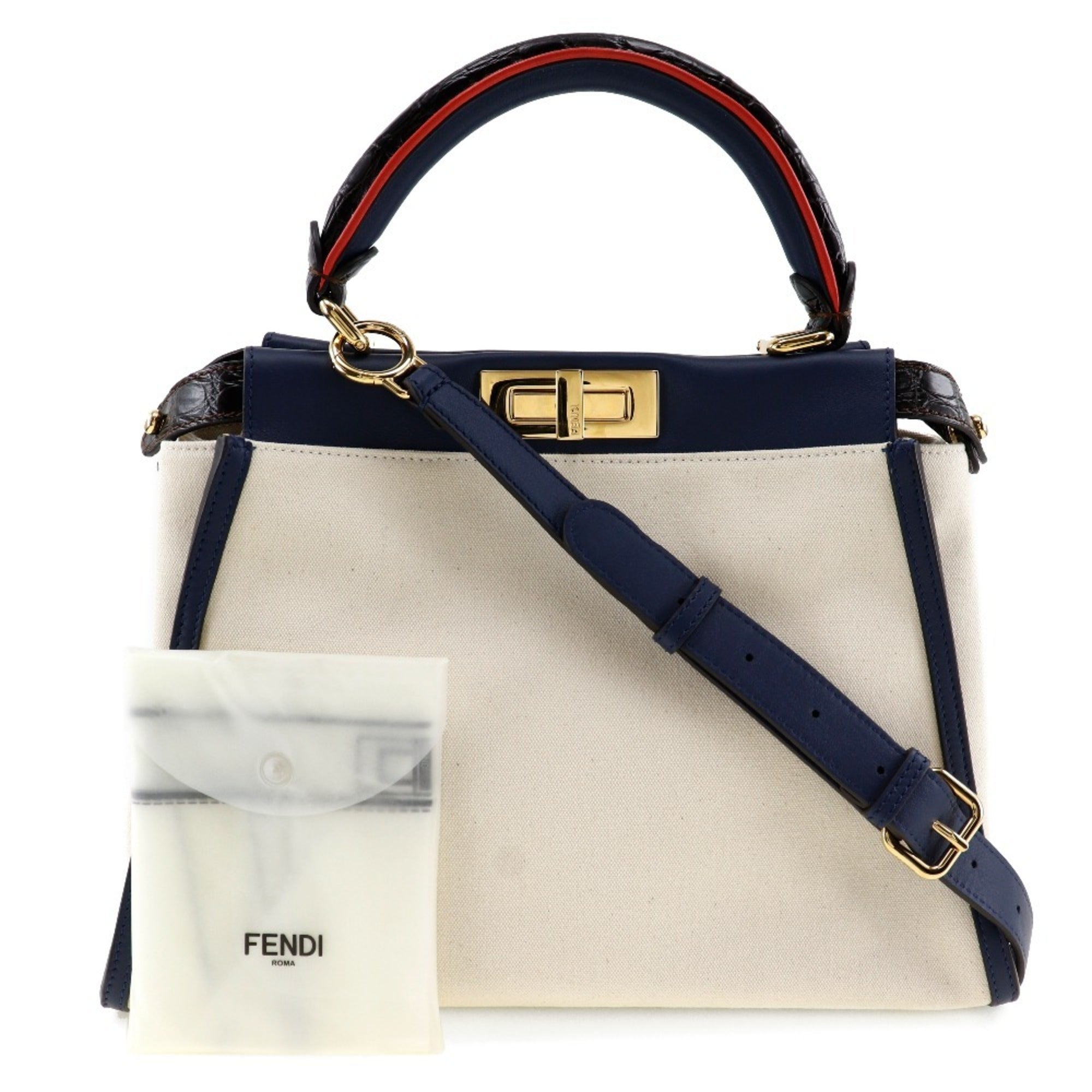 Fendi Navy White Canvas Leather Handbag (Pre-Owned)