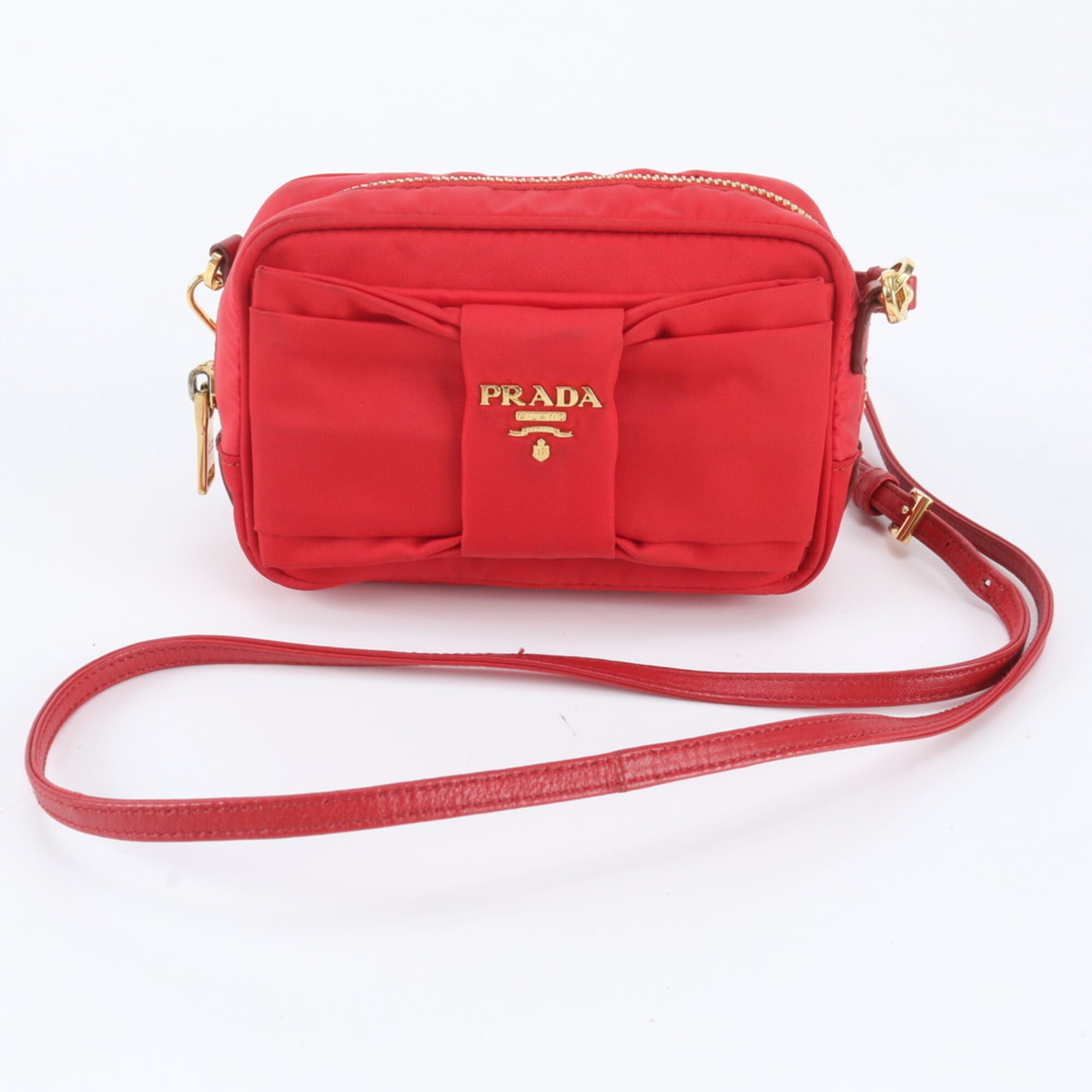 Prada Red Color Nylon Leather Shoulder Bag (Pre-Owned)