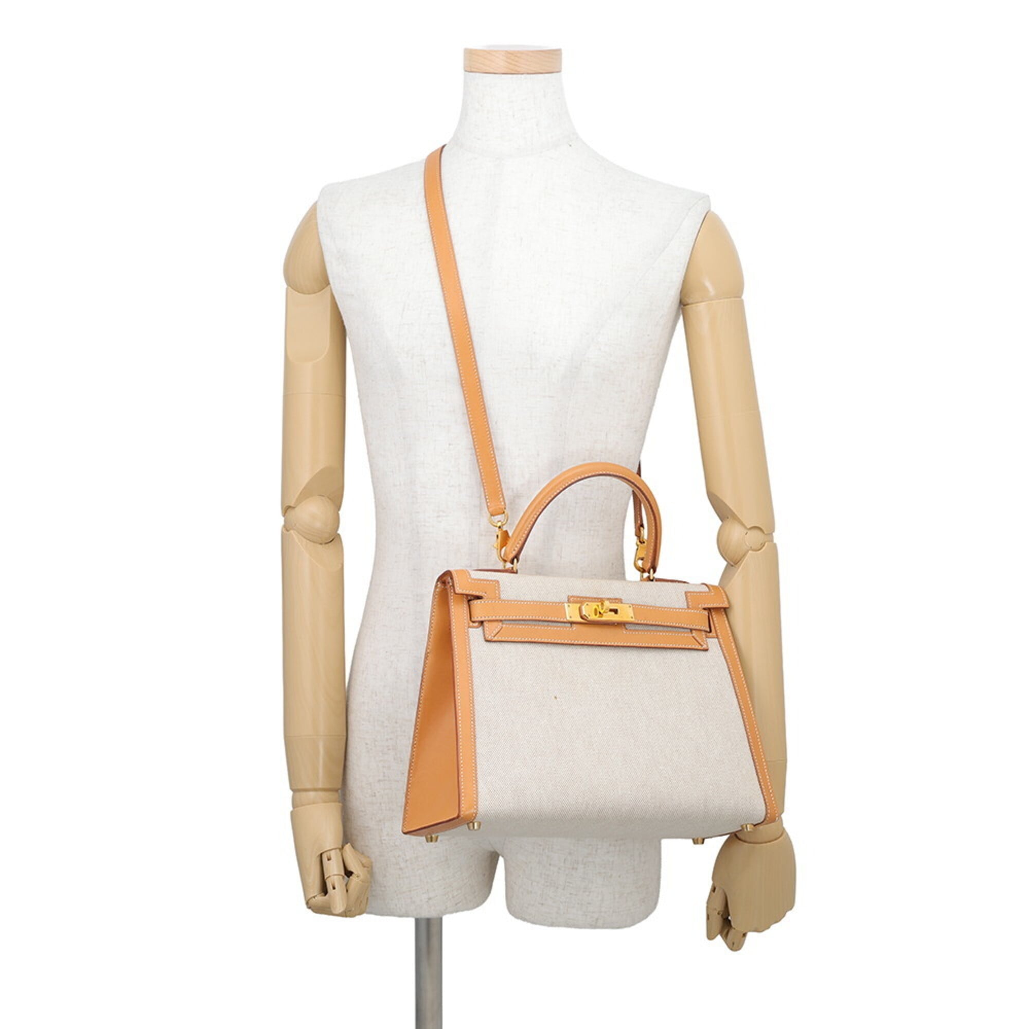 Hermes Kelly Natural Toile H Box Calf Leather Handbag (Pre-Owned)