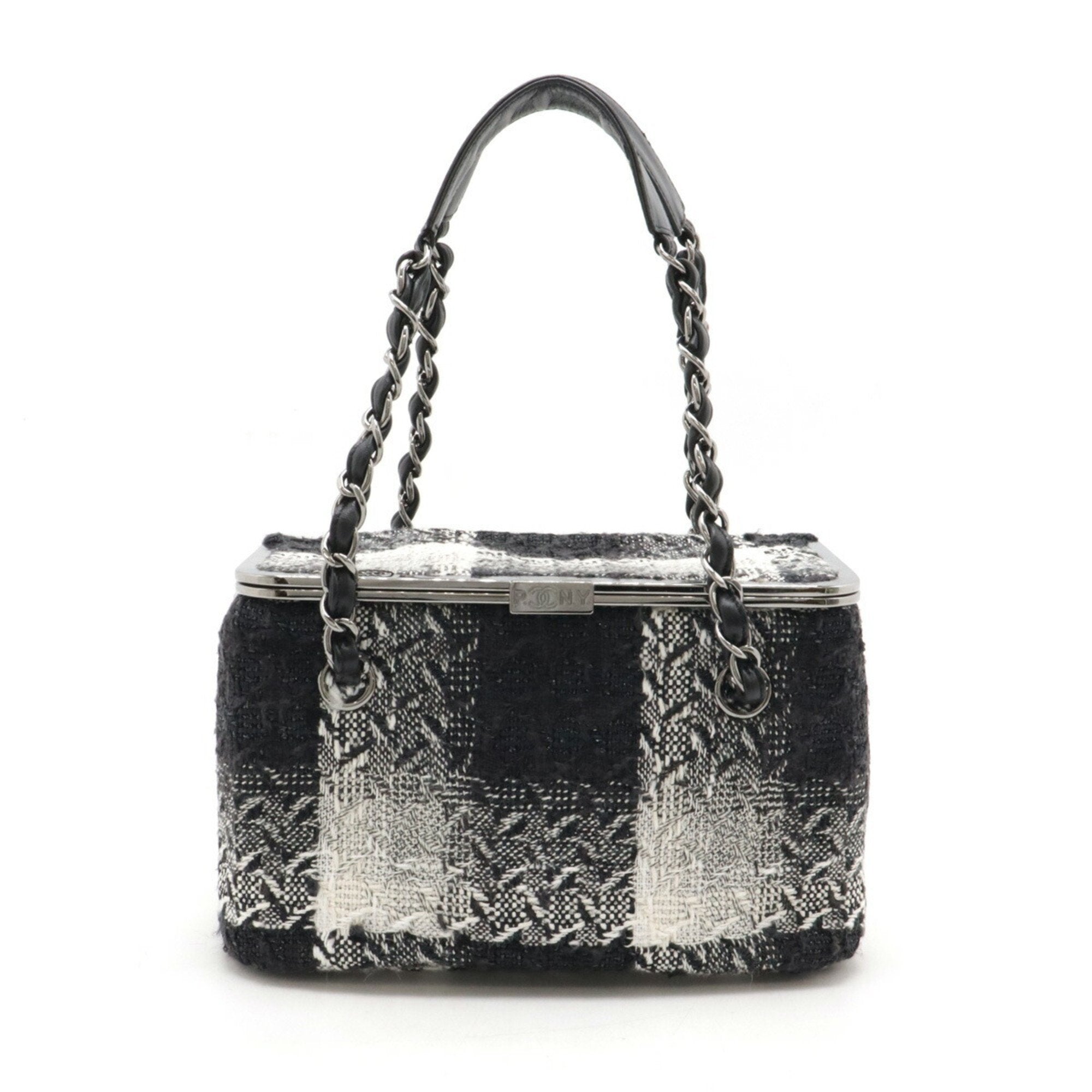 Chanel Black White Tweed Leather Handbag Vanity Bag (Pre-Owned)