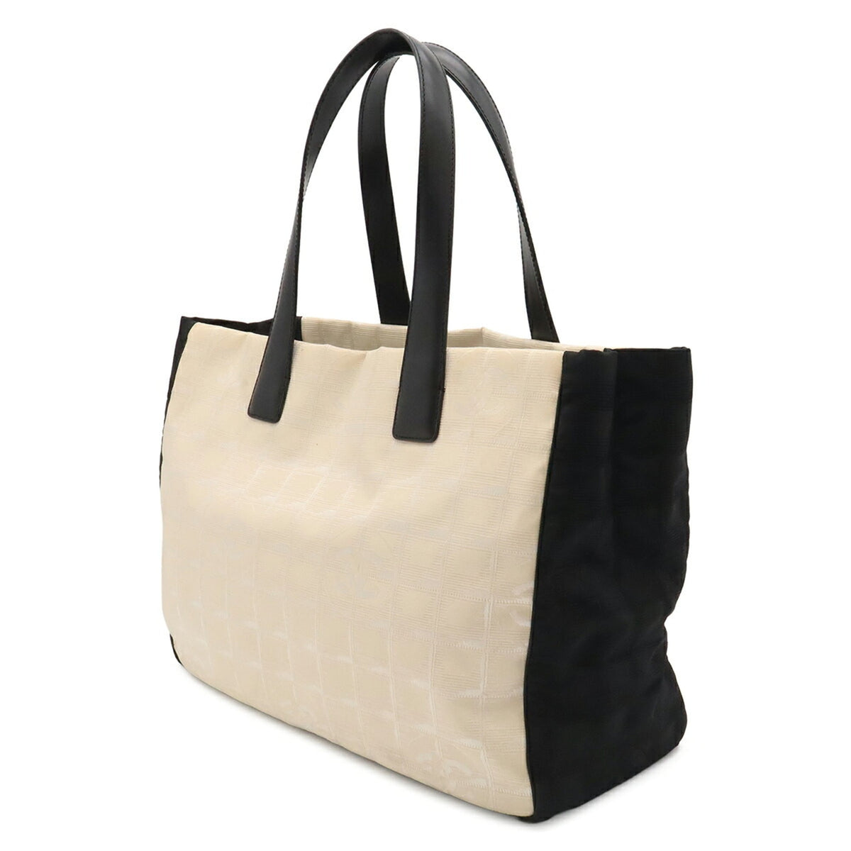 Chanel Beige Black Nylon Jacquard Leather Shoulder Bag Tote Bag (Pre-Owned)