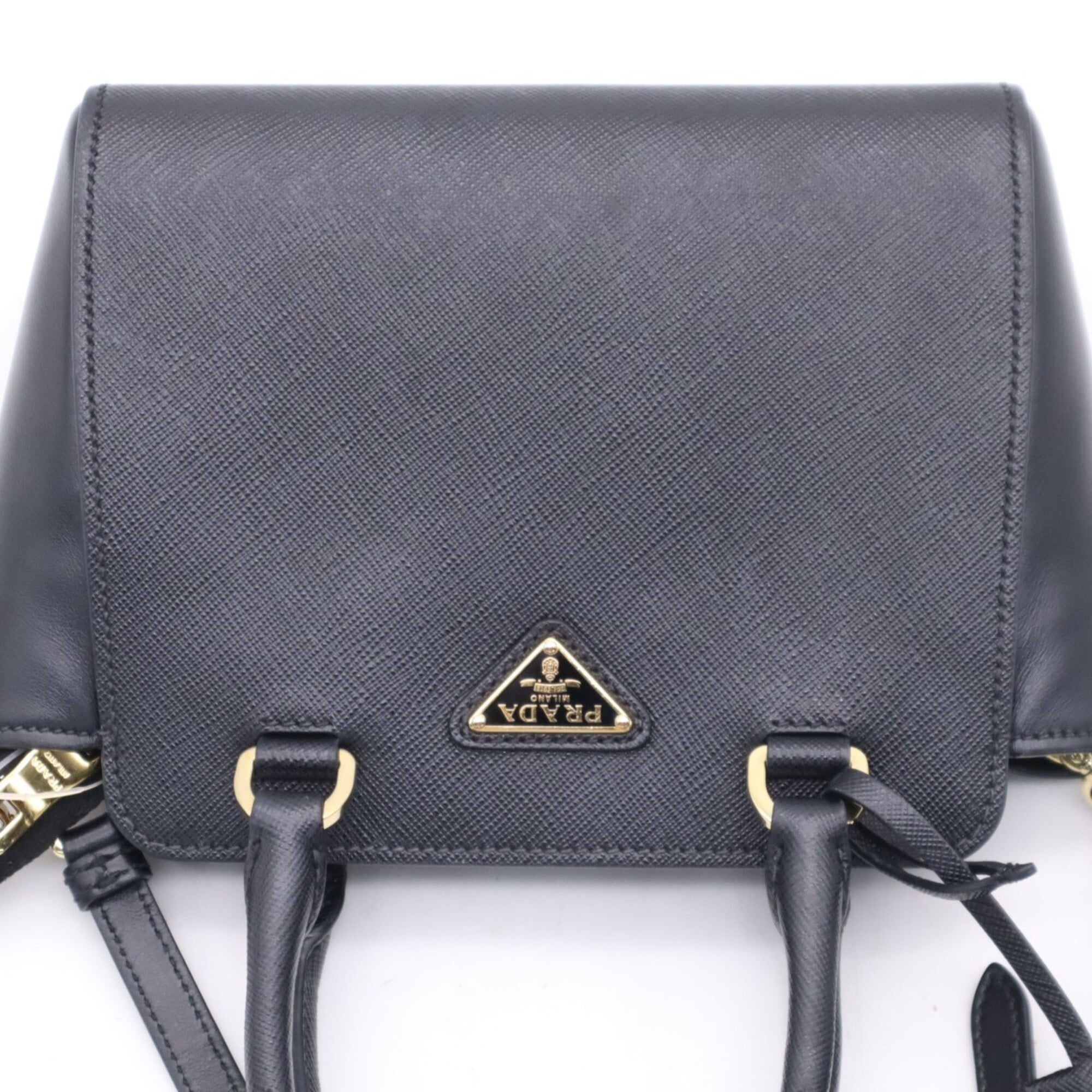 Prada Saffiano Black Coated Canvas Leather Handbag Shoulder Bag (Pre-Owned)
