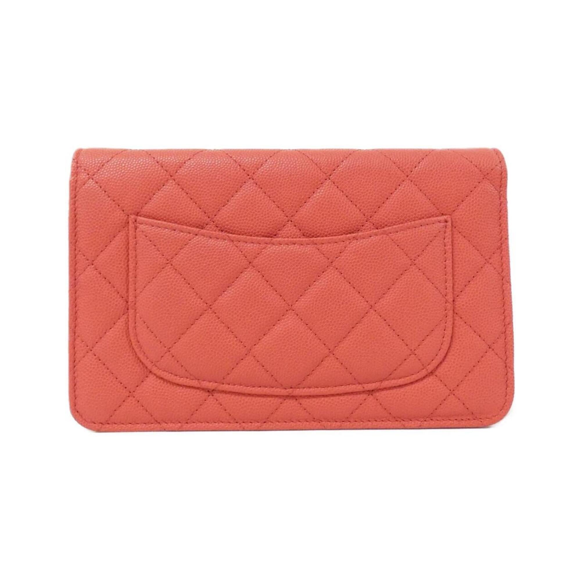 Chanel Red Color Grained Calfskin Chain/Shoulder Wallet (Pre-Owned)