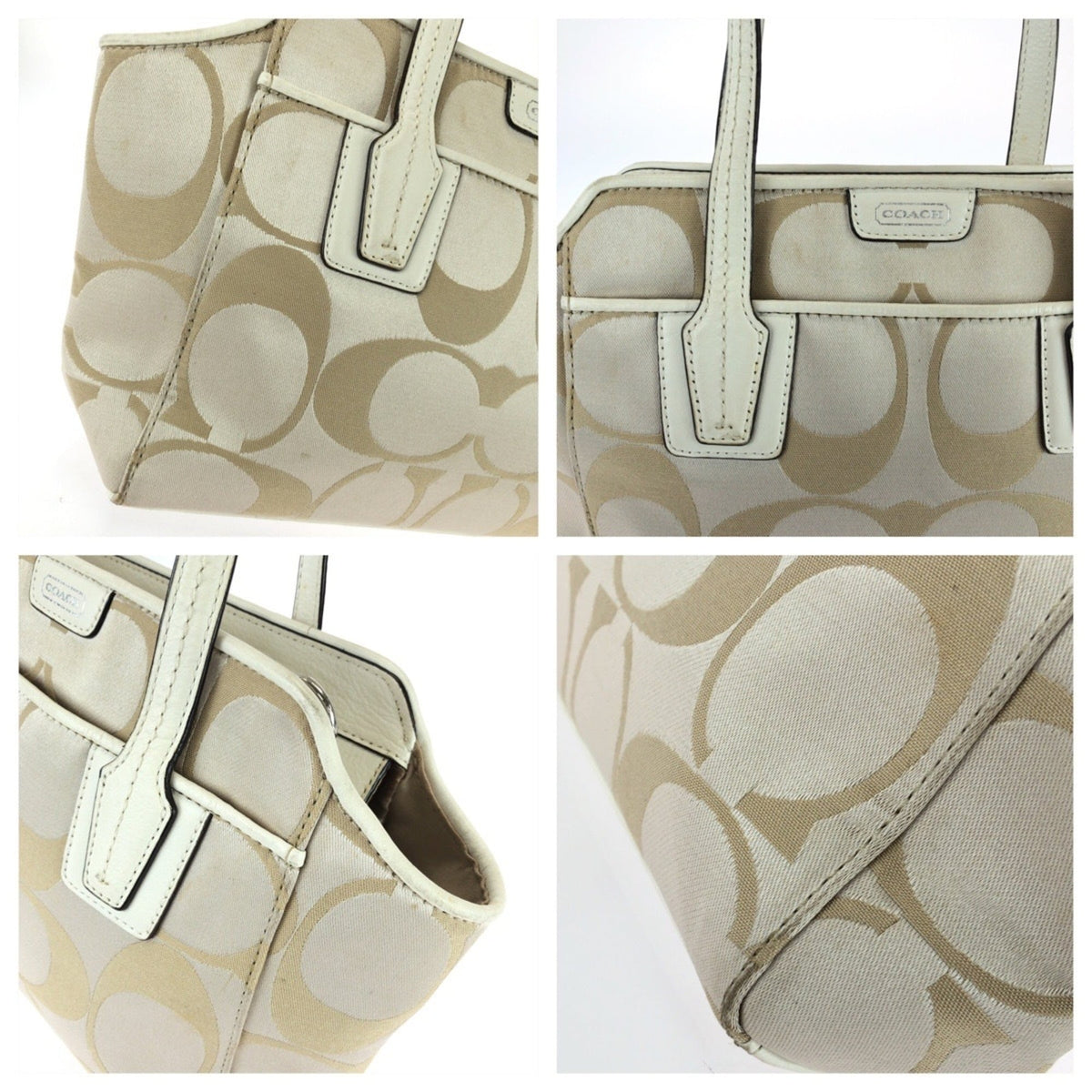 Coach Beige White Canvas Leather Shoulder Bag Tote Bag (Pre-Owned)