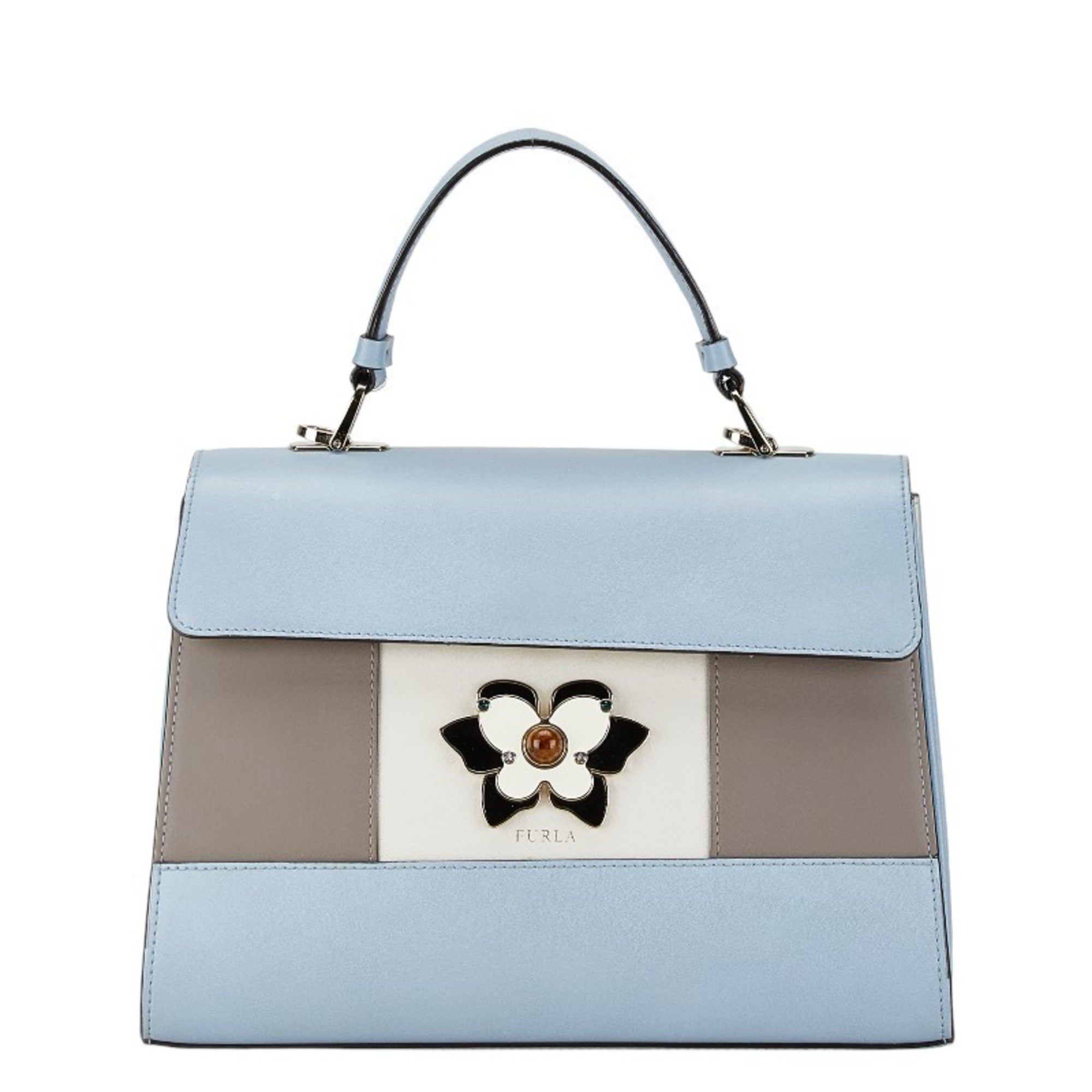 Furla Light Blue White Leather Handbag Shoulder Bag (Pre-Owned)