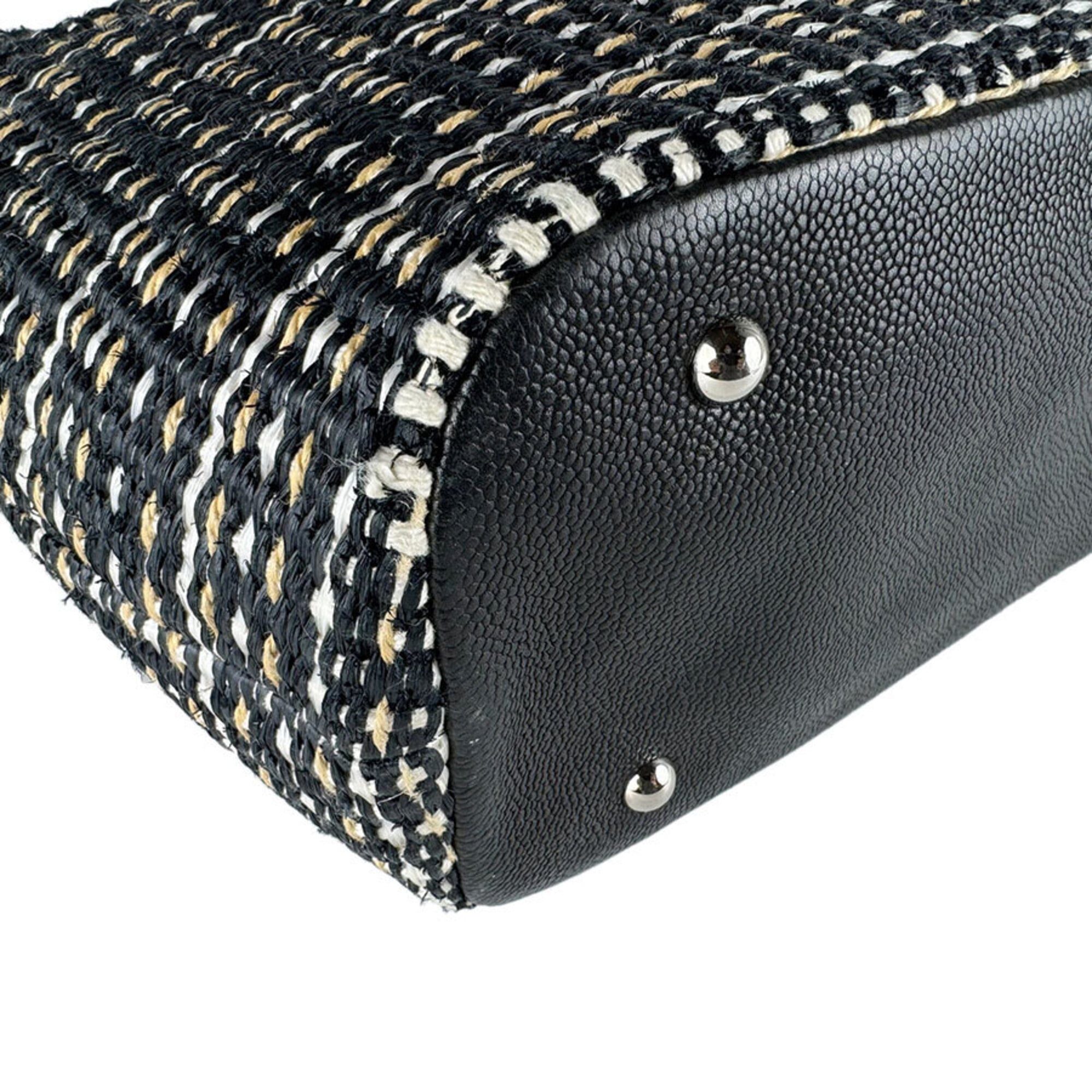 Chanel Beige Black White Raffia Handbag Shoulder Bag (Pre-Owned)