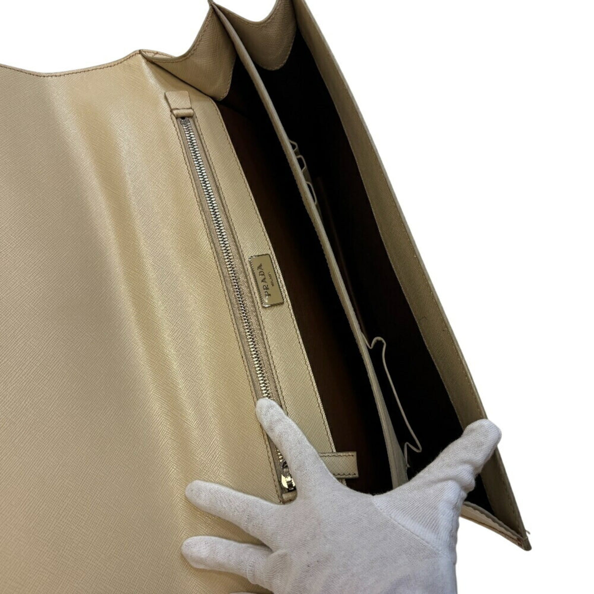 Prada Light Beige White Leather Briefcase (Pre-Owned)