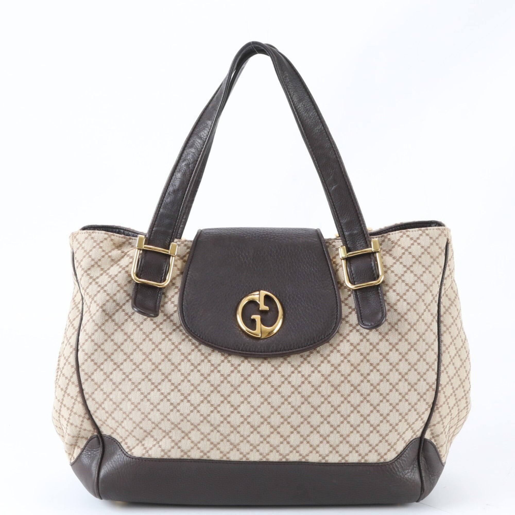 Gucci Beige Brown Leather Canvas Handbag Shoulder Bag Tote Bag (Pre-Owned)