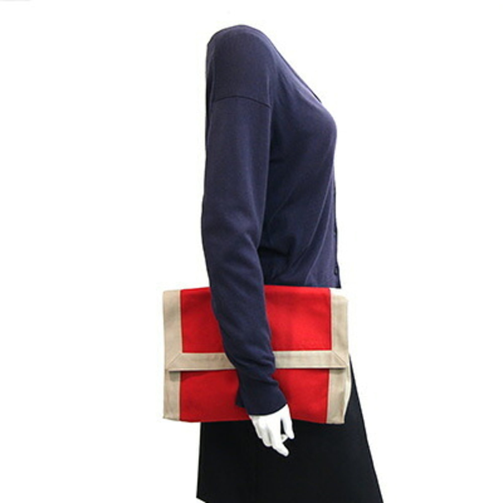 Hermes Beige Red Color Canvas Clutch Bag Pouch (Pre-Owned)