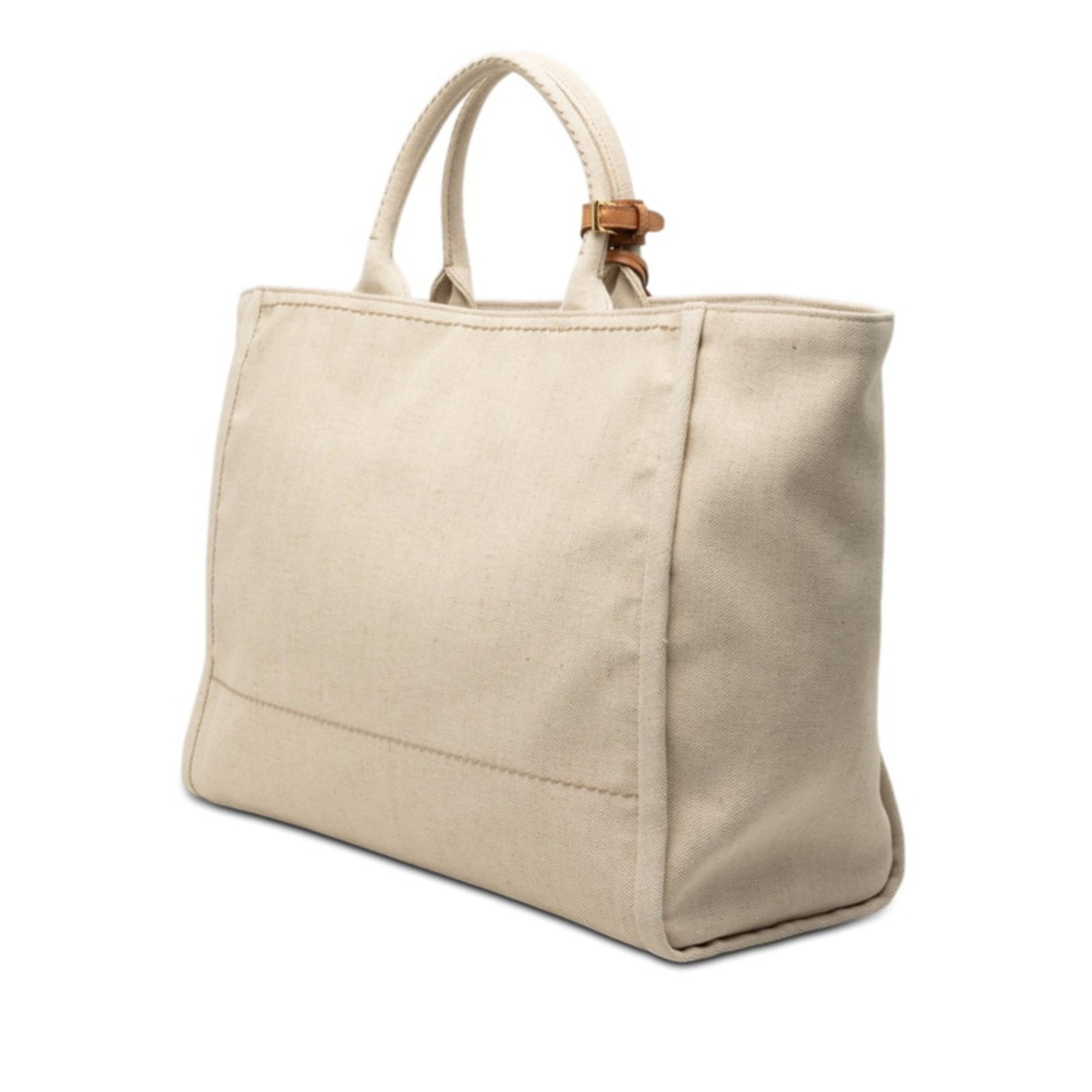 Prada Beige White Canvas Leather Tote Bag (Pre-Owned)