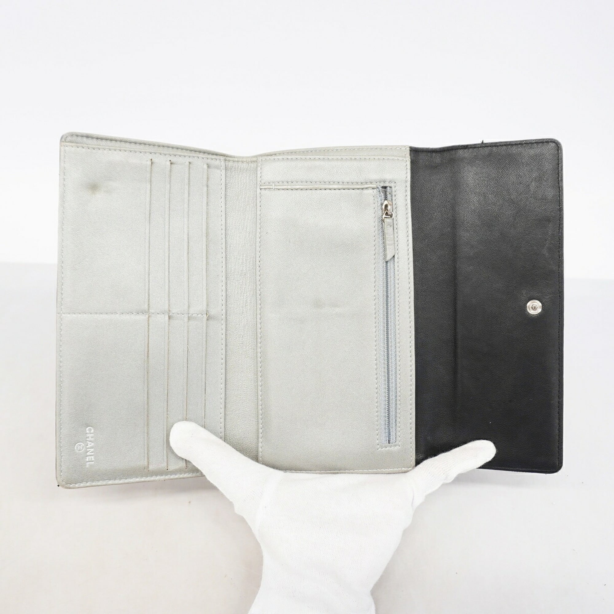 Chanel Black Leather Long Wallet (Tri-Fold) (Pre-Owned)