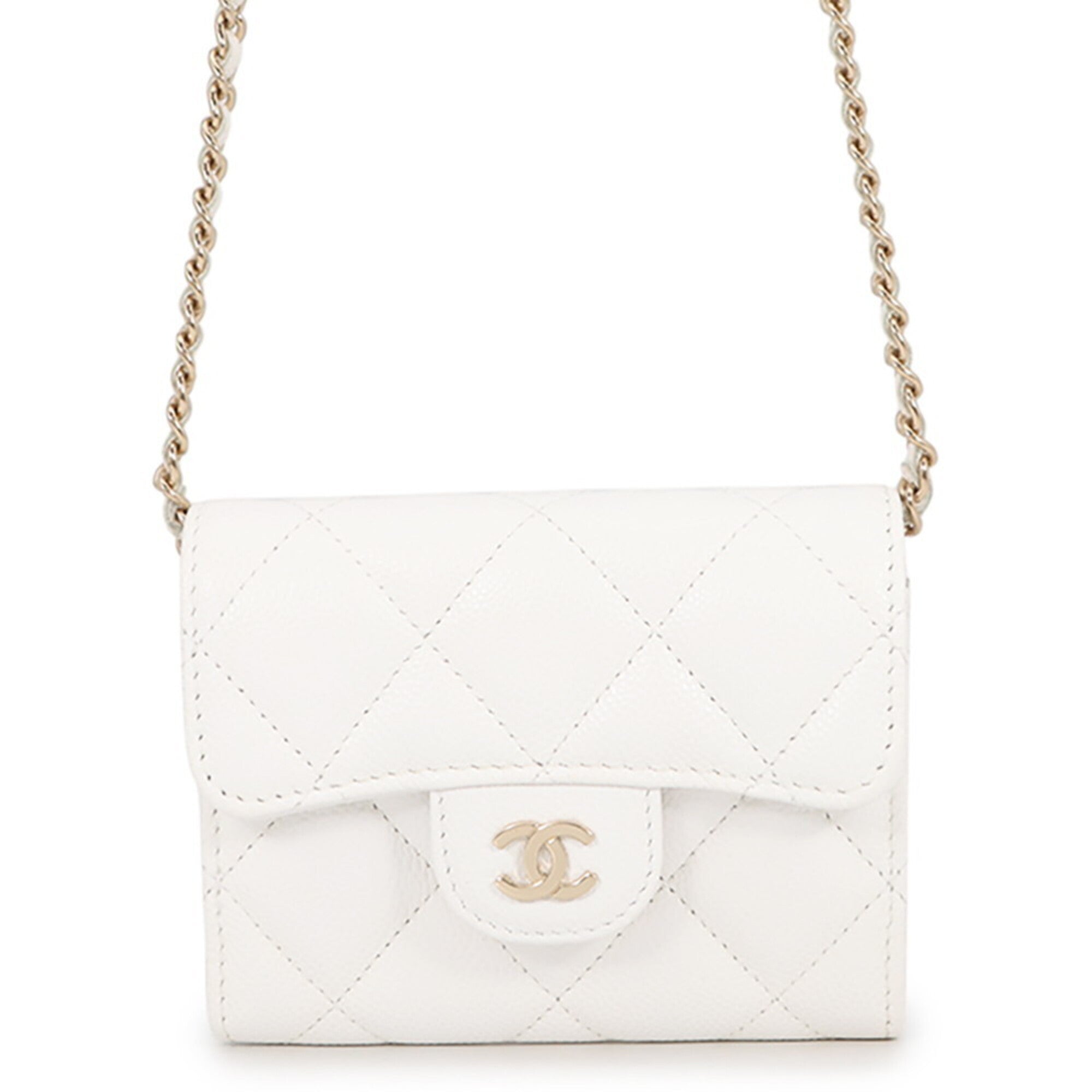 Chanel Champagne Gold White Grained Calfskin Chain/Shoulder Wallet (Pre-Owned)