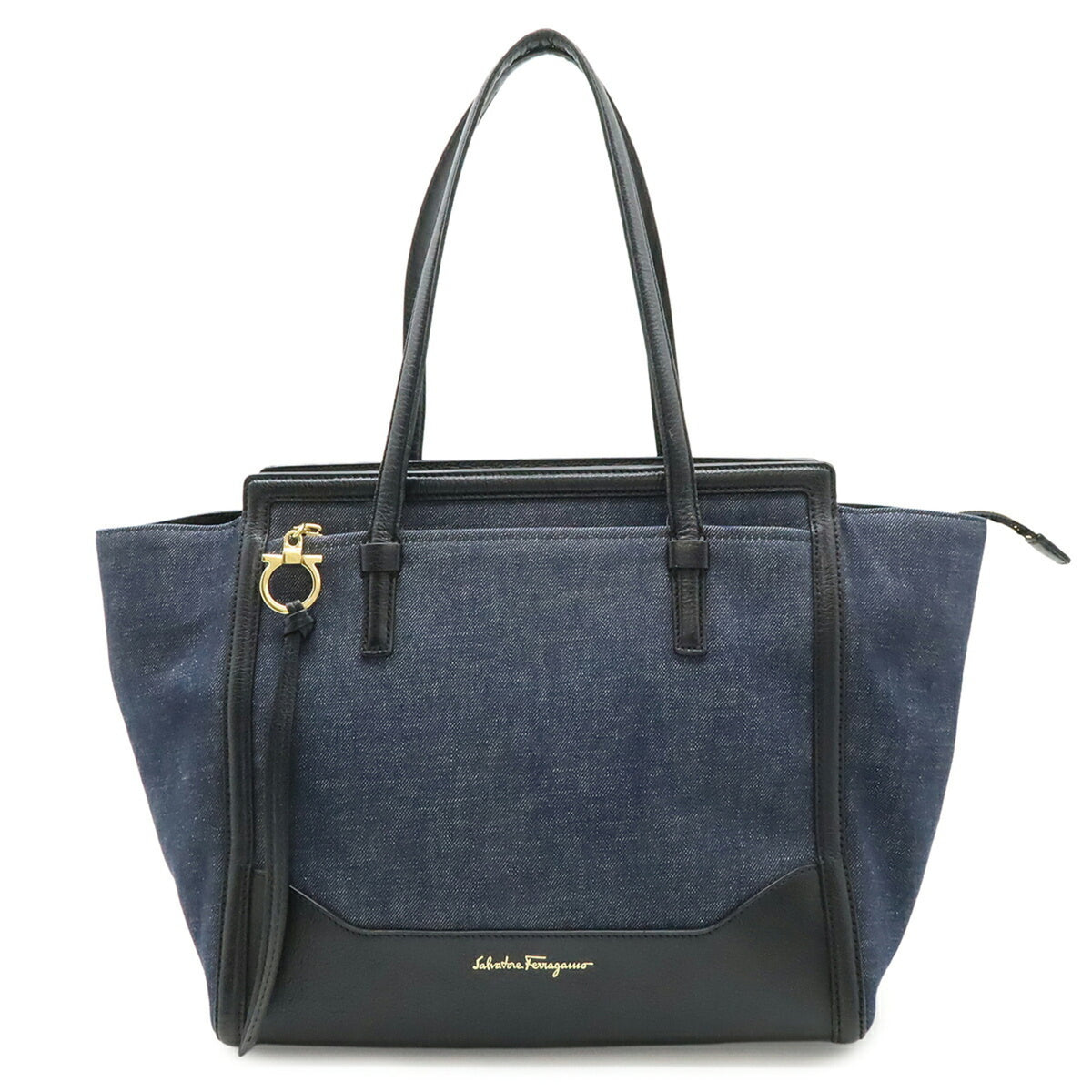 Salvatore Ferragamo Navy Black Denim Leather Shoulder Bag Tote Bag (Pre-Owned)
