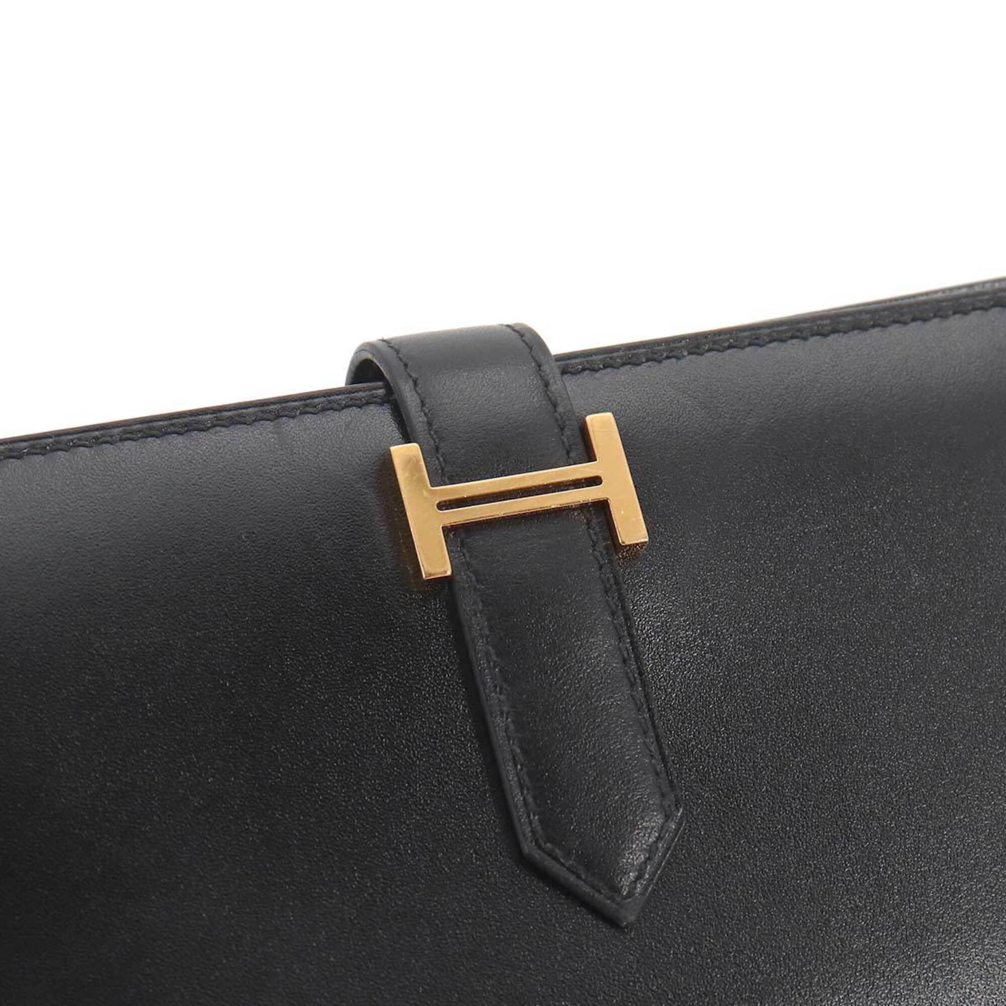 Hermes Black Box Calf Leather Long Wallet (Bi-Fold) (Pre-Owned)