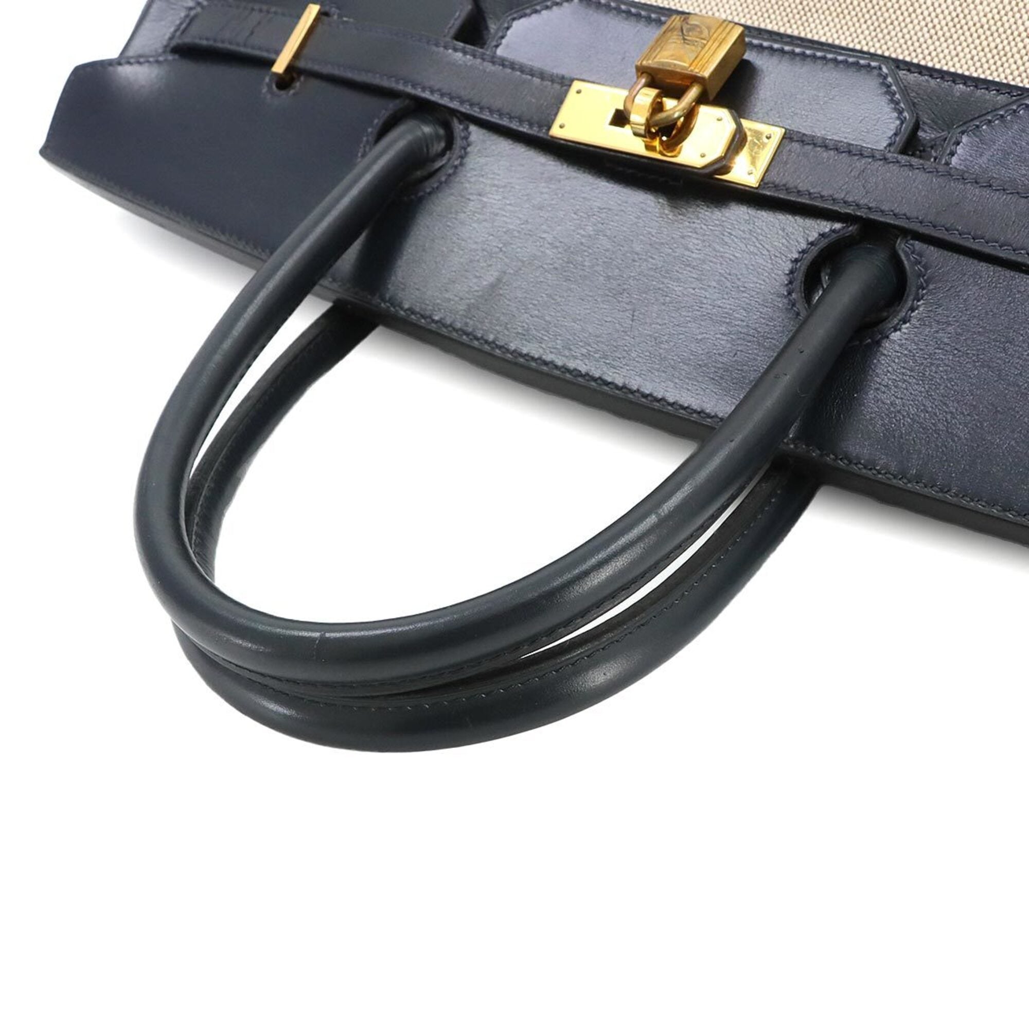 Hermes Beige Blue Marine Box Calf Leather Toile H Handbag (Pre-Owned)