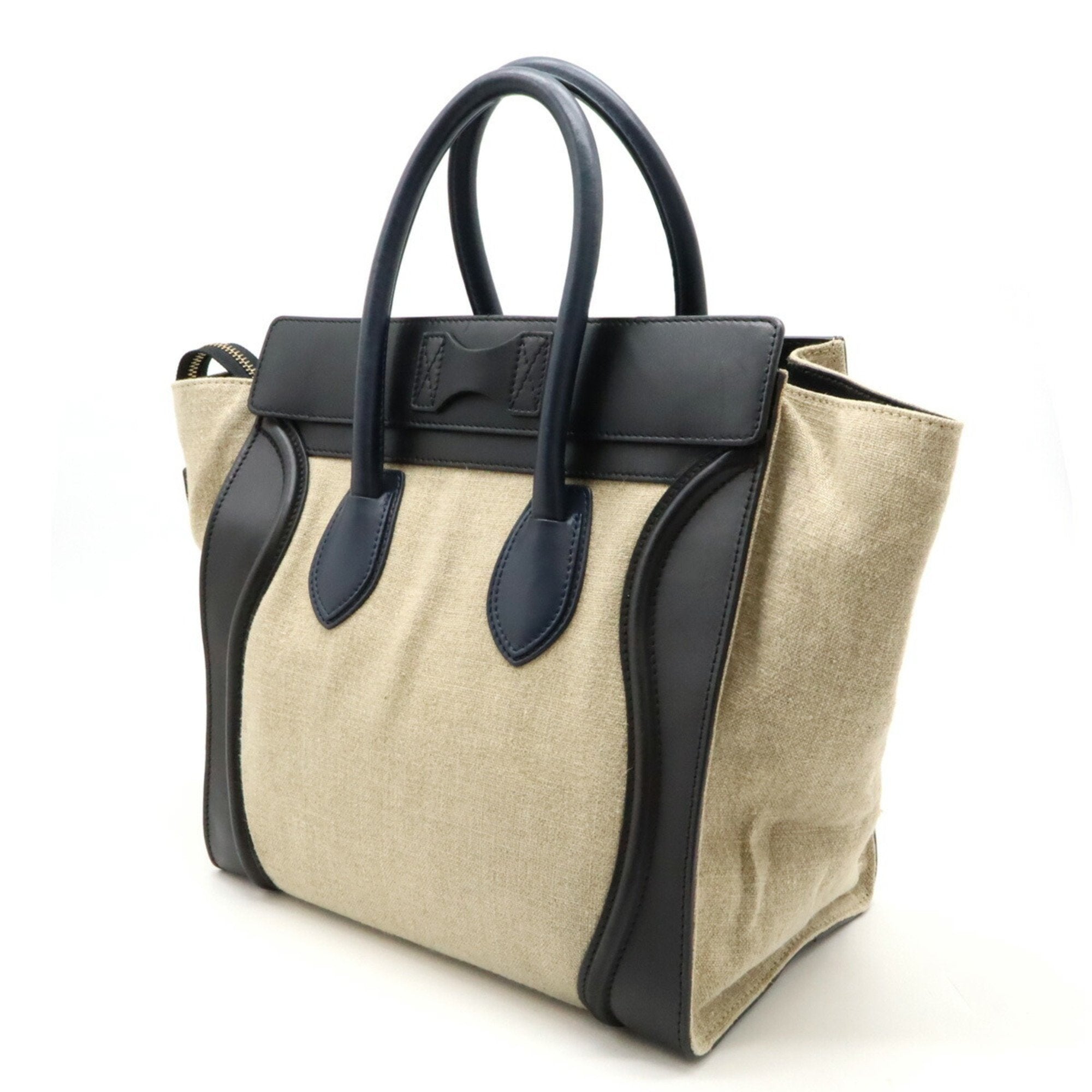 Celine Beige Black Navy Linen Leather Handbag Tote Bag (Pre-Owned)