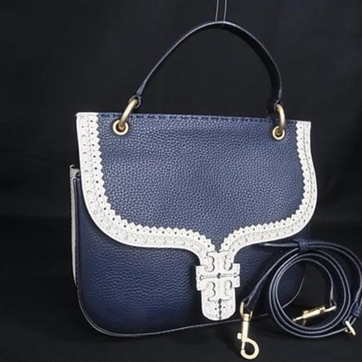 Tory Burch Ivory Navy Leather Shoulder Bag (Pre-Owned)