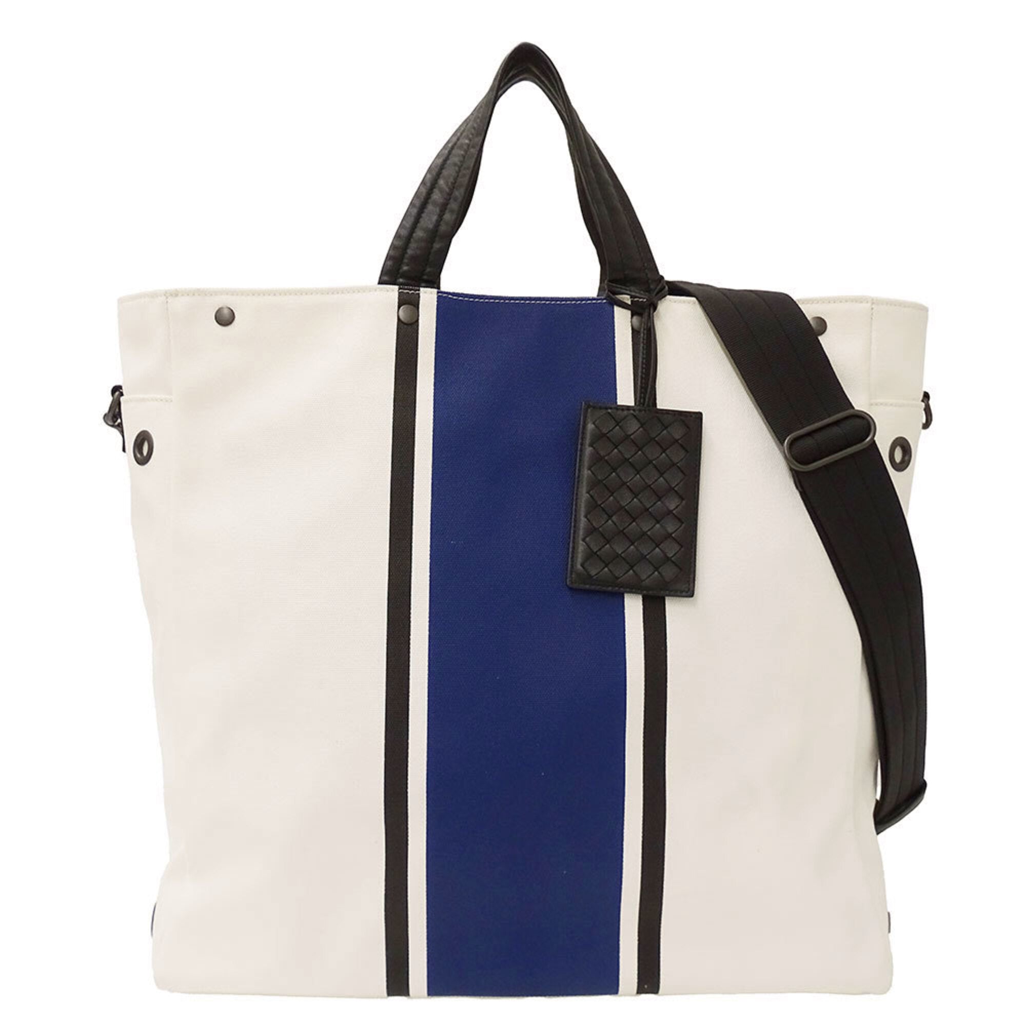 Bottega Veneta Blue Ivory Canvas Handbag Shoulder Bag Tote Bag (Pre-Owned)