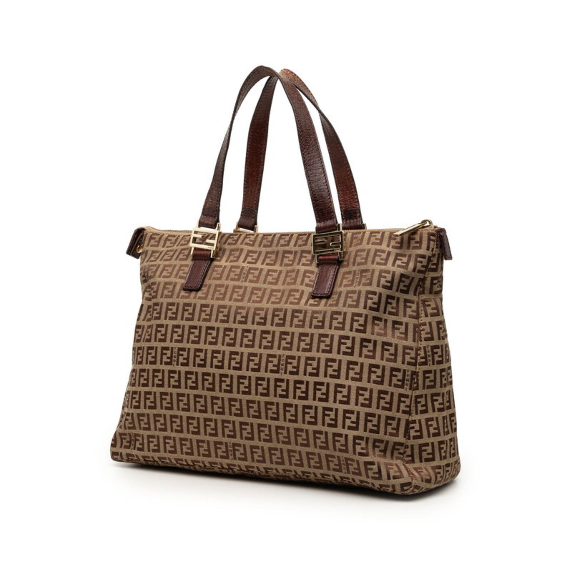 Fendi Brown Leather Canvas Handbag Tote Bag (Pre-Owned)
