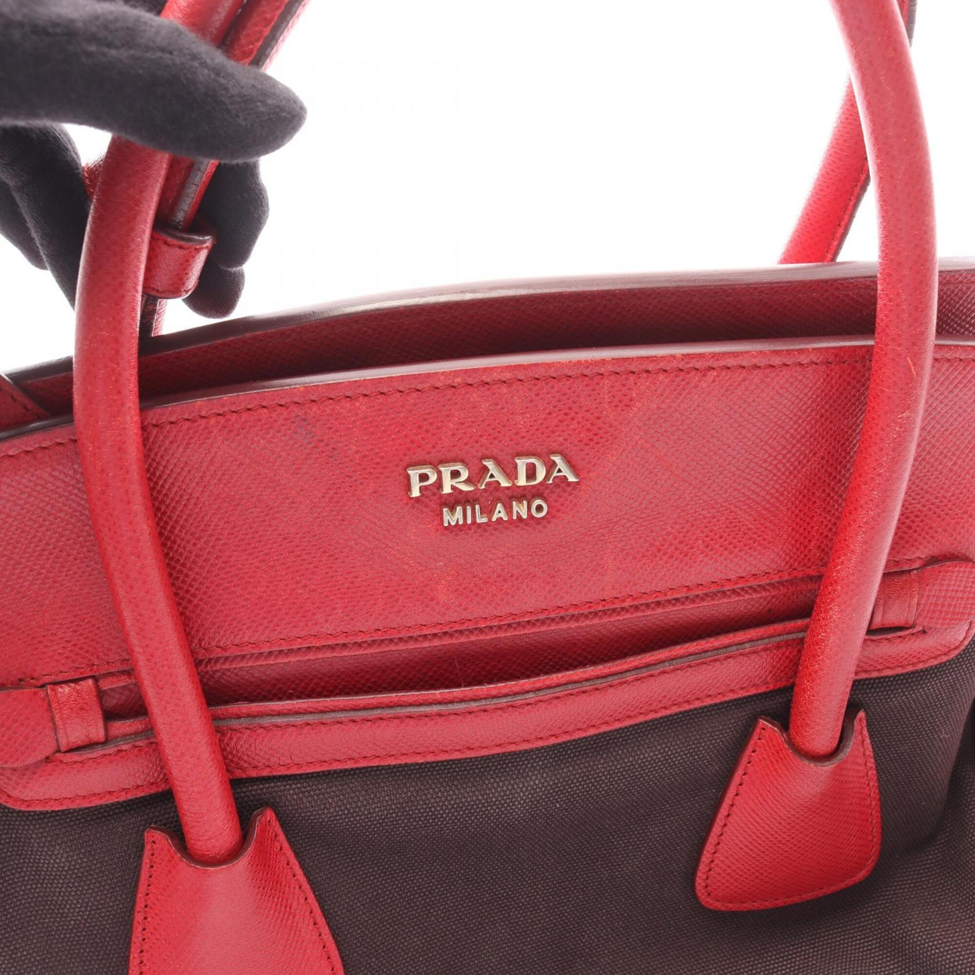 Prada Black Red Color Canvas Saffiano Handbag (Pre-Owned)