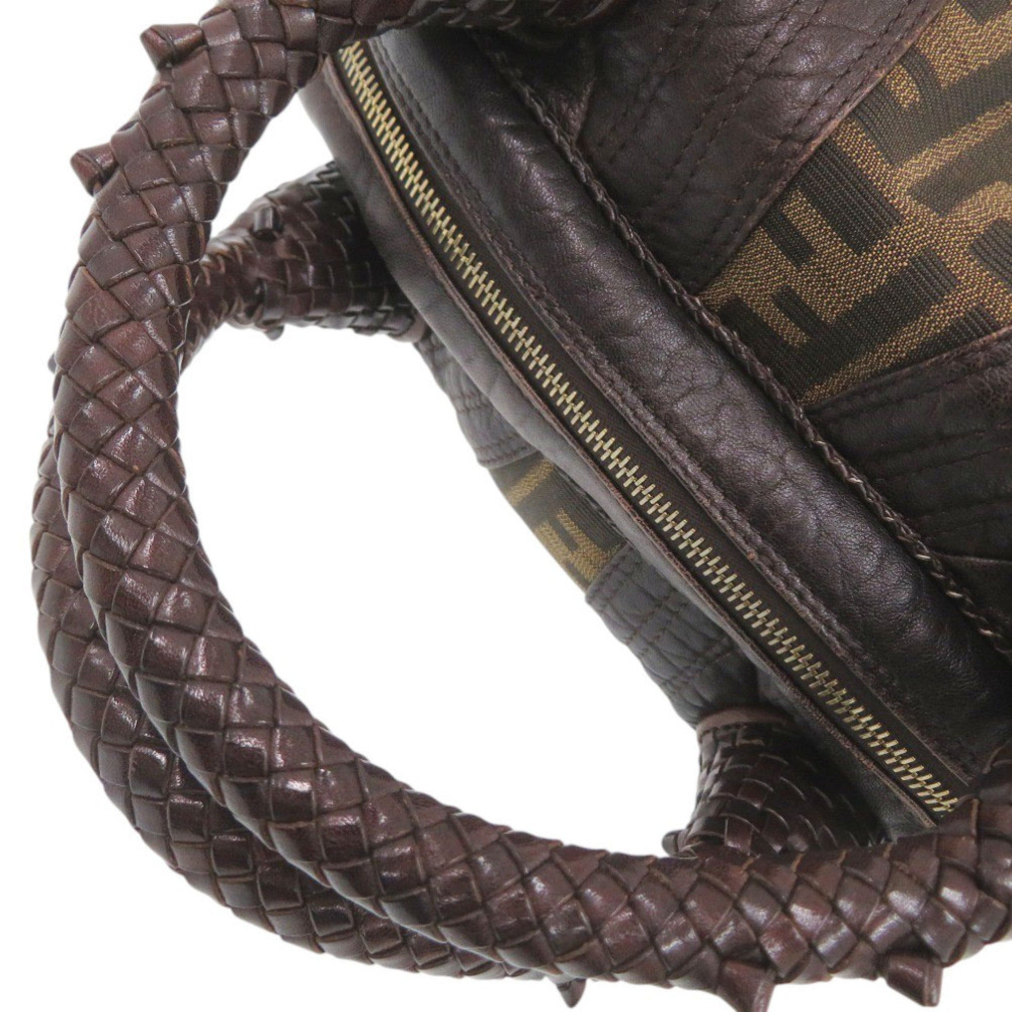 Fendi Brown Leather Canvas Handbag (Pre-Owned)