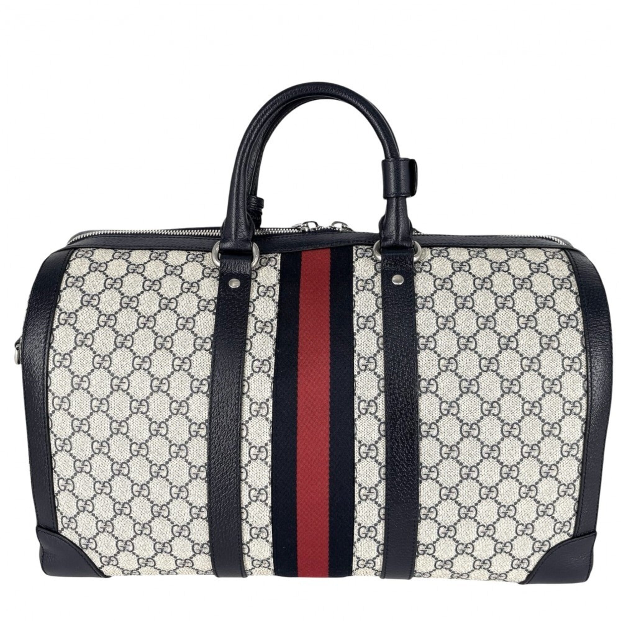 Gucci Beige Navy Gg Supreme Leather Boston Bag Handbag Shoulder Bag (Pre-Owned)