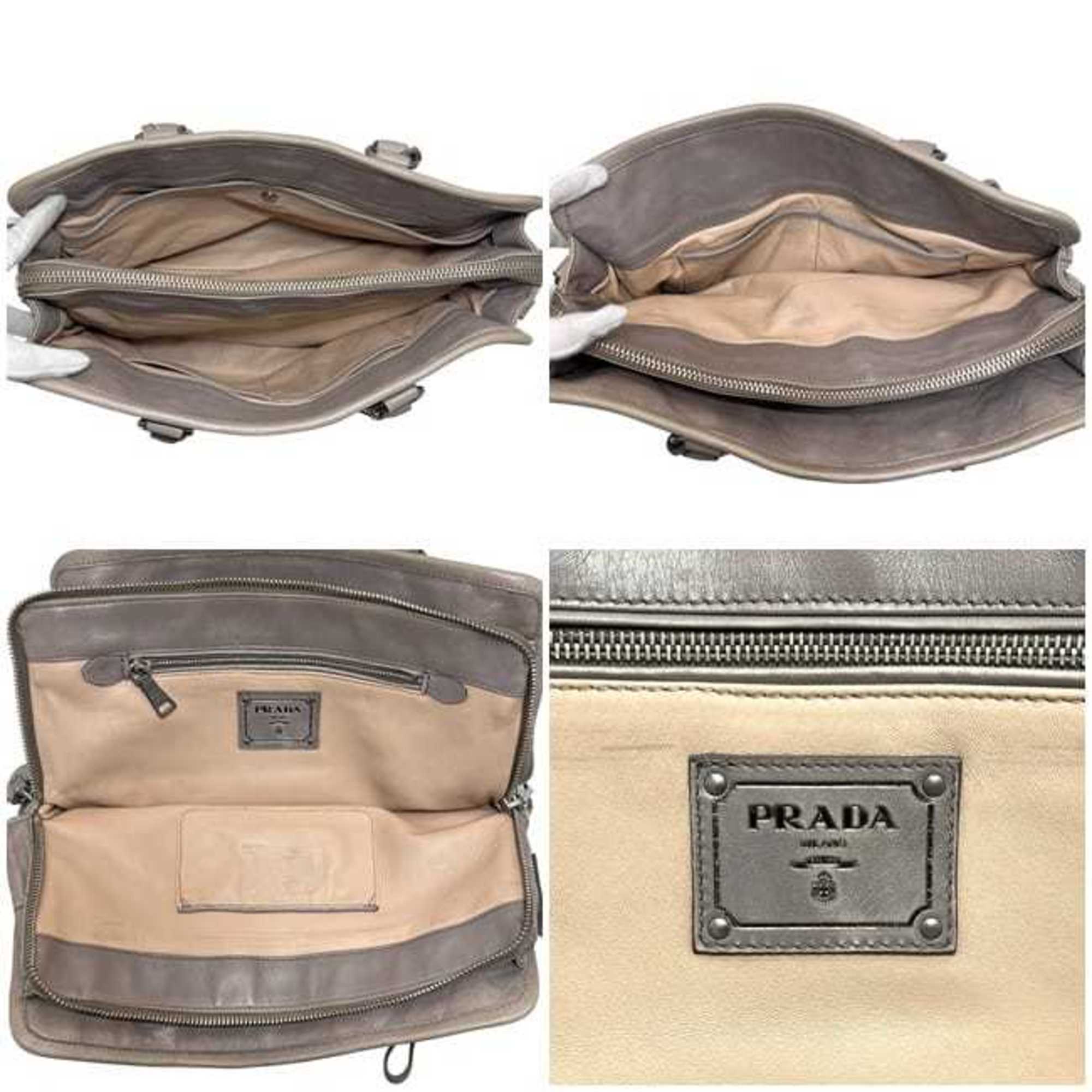 Prada Gray Nappa Leather Leather Handbag Shoulder Bag Tote Bag (Pre-Owned)