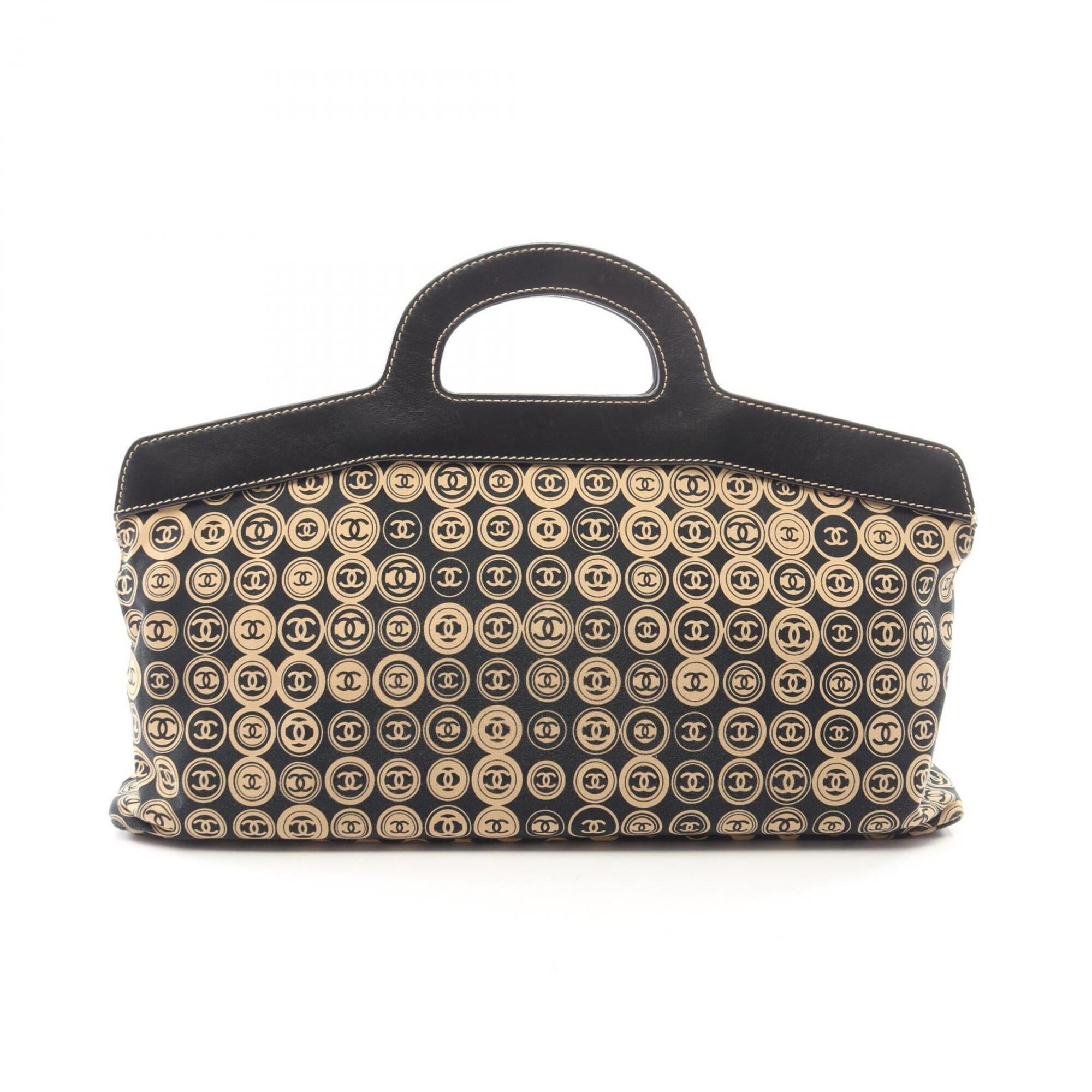 Chanel Beige Black Leather Cotton Handbag (Pre-Owned)