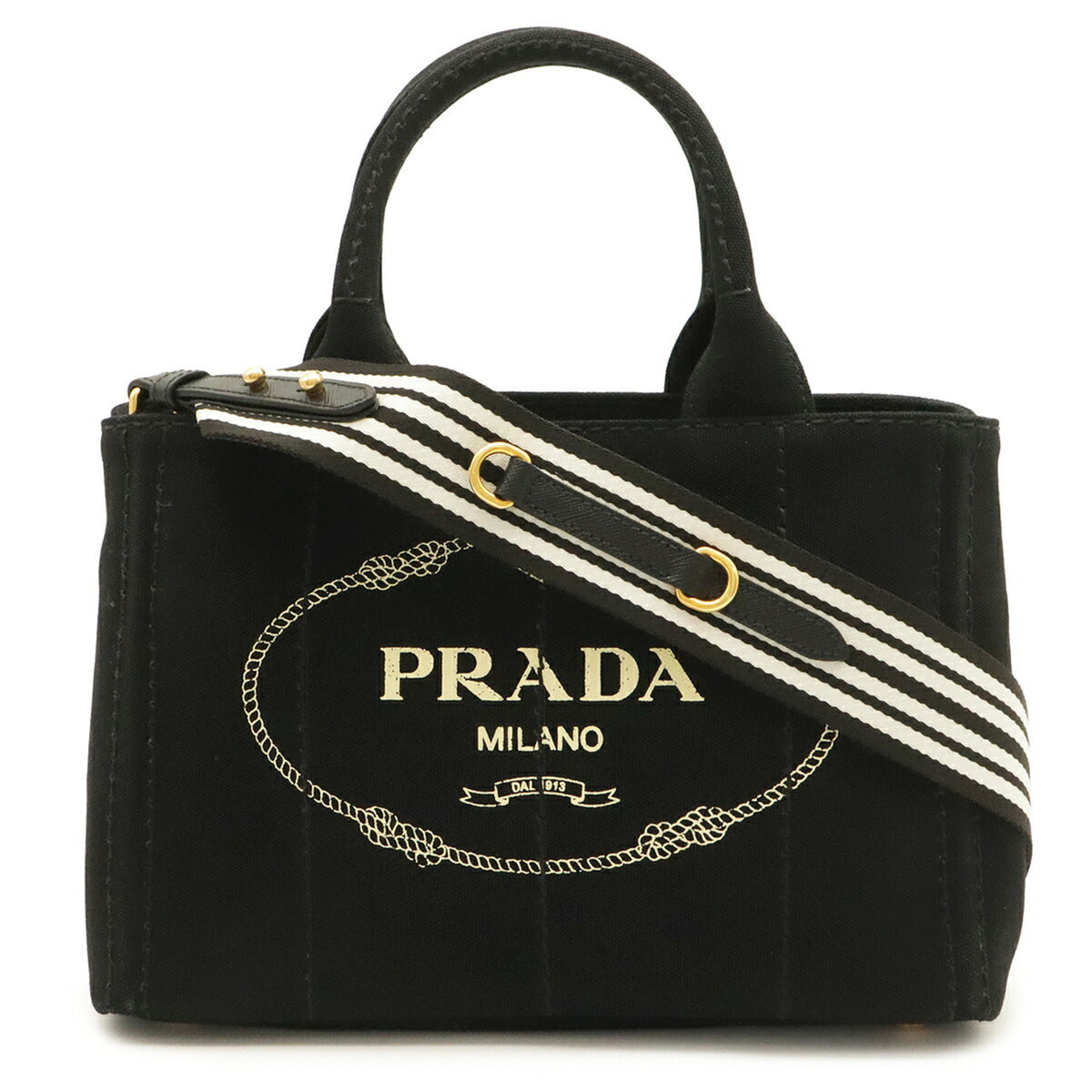 Prada Canapa Black Ivory Nero Talco Canvas Shoulder Bag Tote Bag (Pre-Owned)