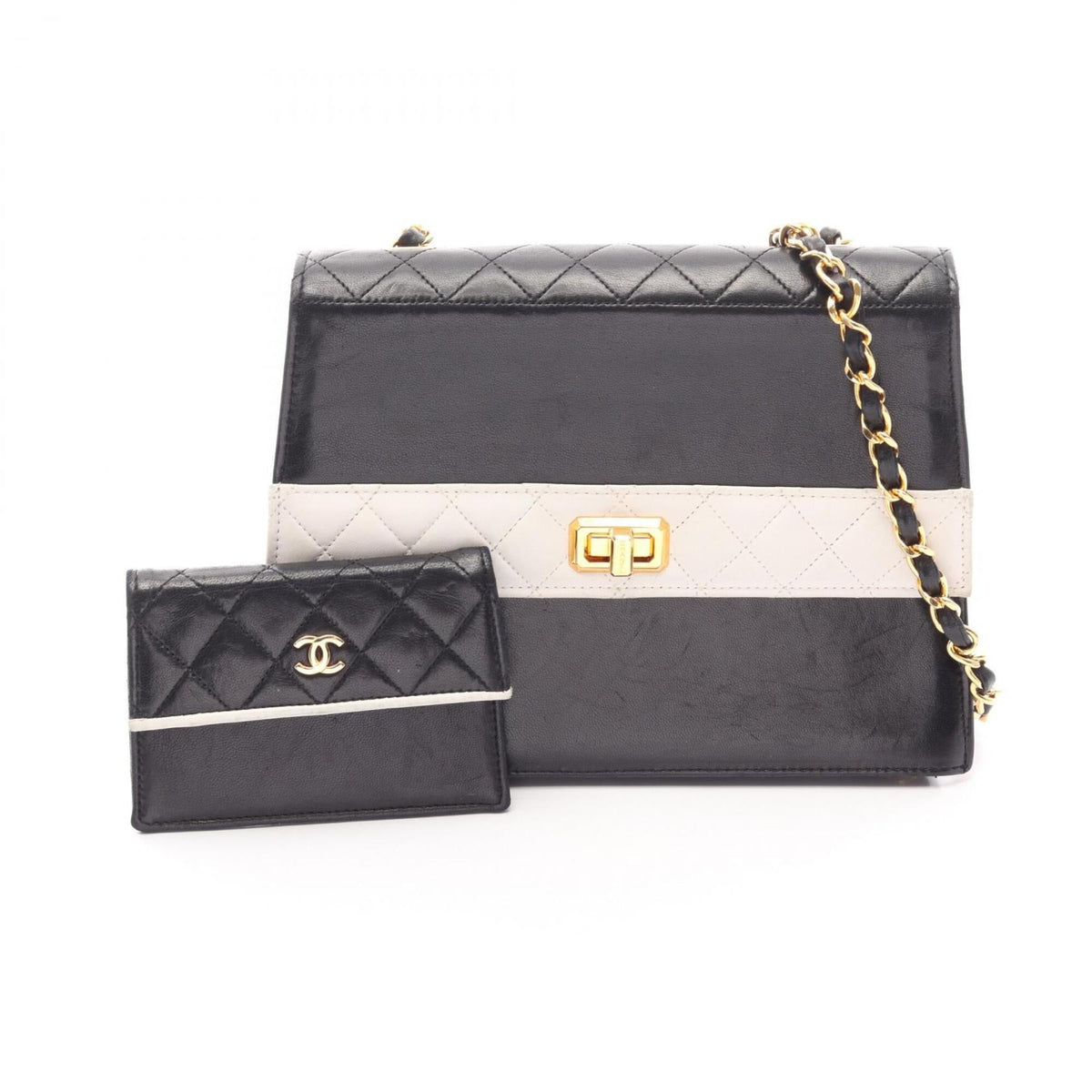 Chanel Black White Leather Handbag Shoulder Bag (Pre-Owned)
